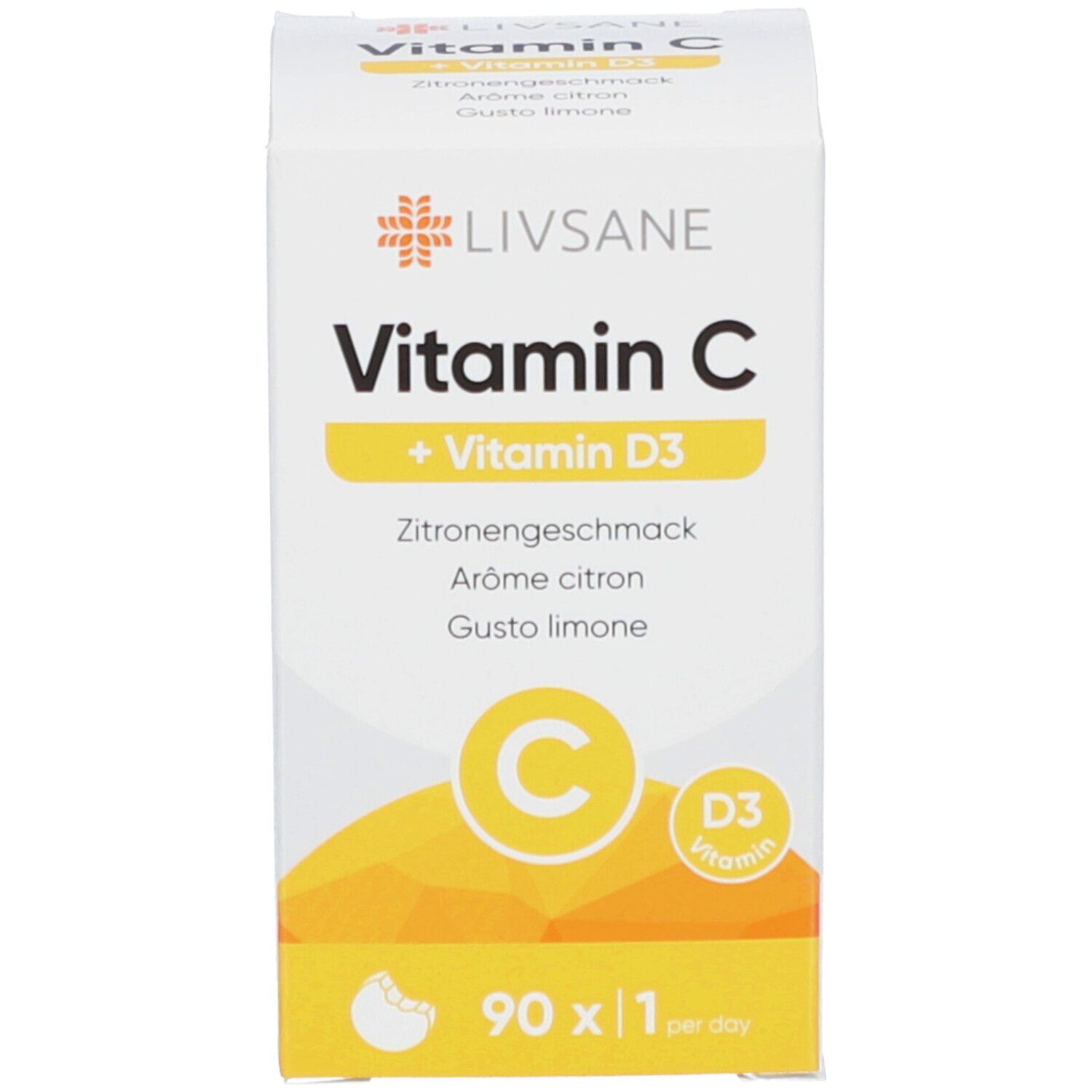 Produktverpackung: Schachtel. Text: LIVSANE Vitamin C + Vitamin D3. Zitrone. 90 x 1/Tag.