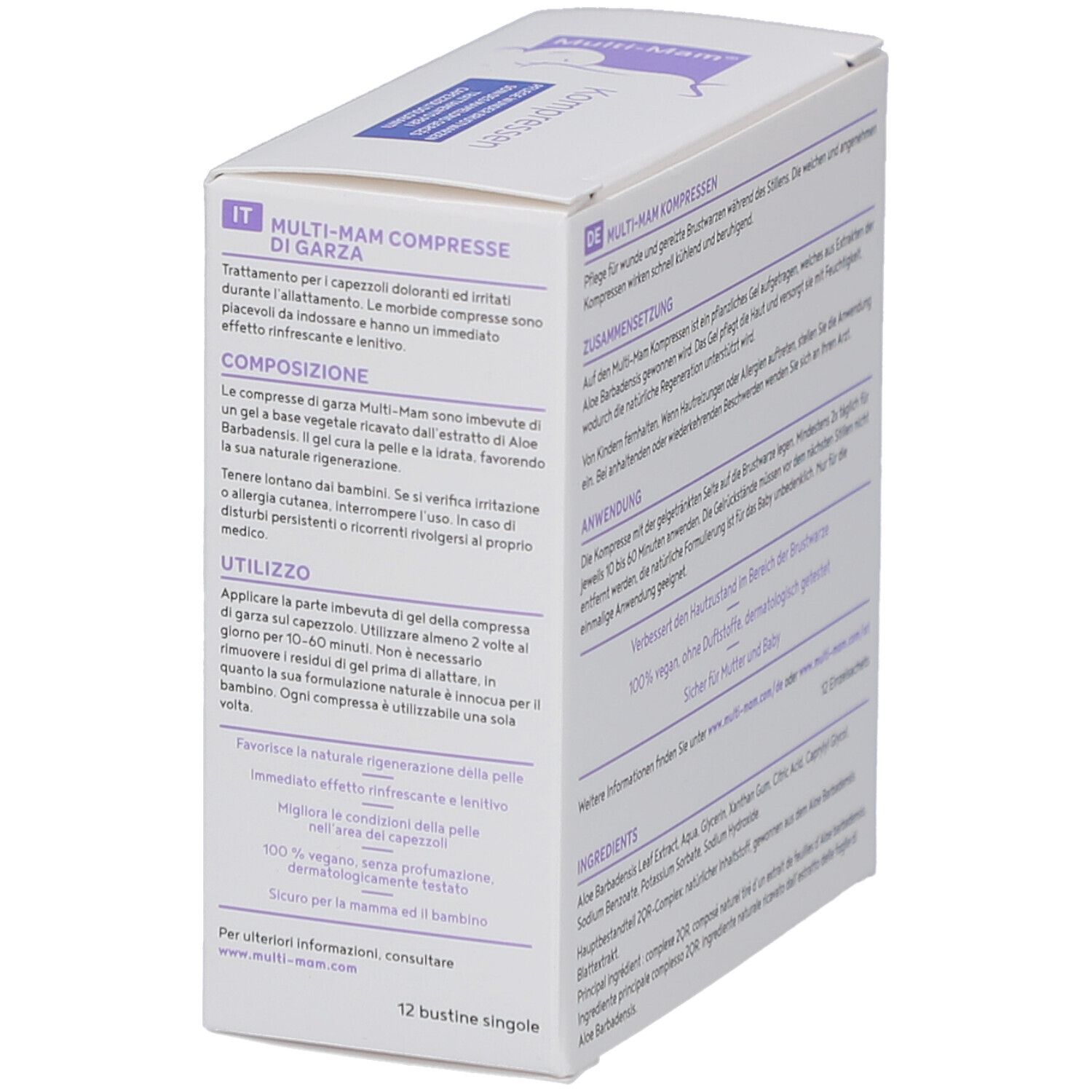 Seitenansicht der Produktverpackung. Text in Deutsch und Italienisch. Herstellerinformationen, Inhaltsstoffe.