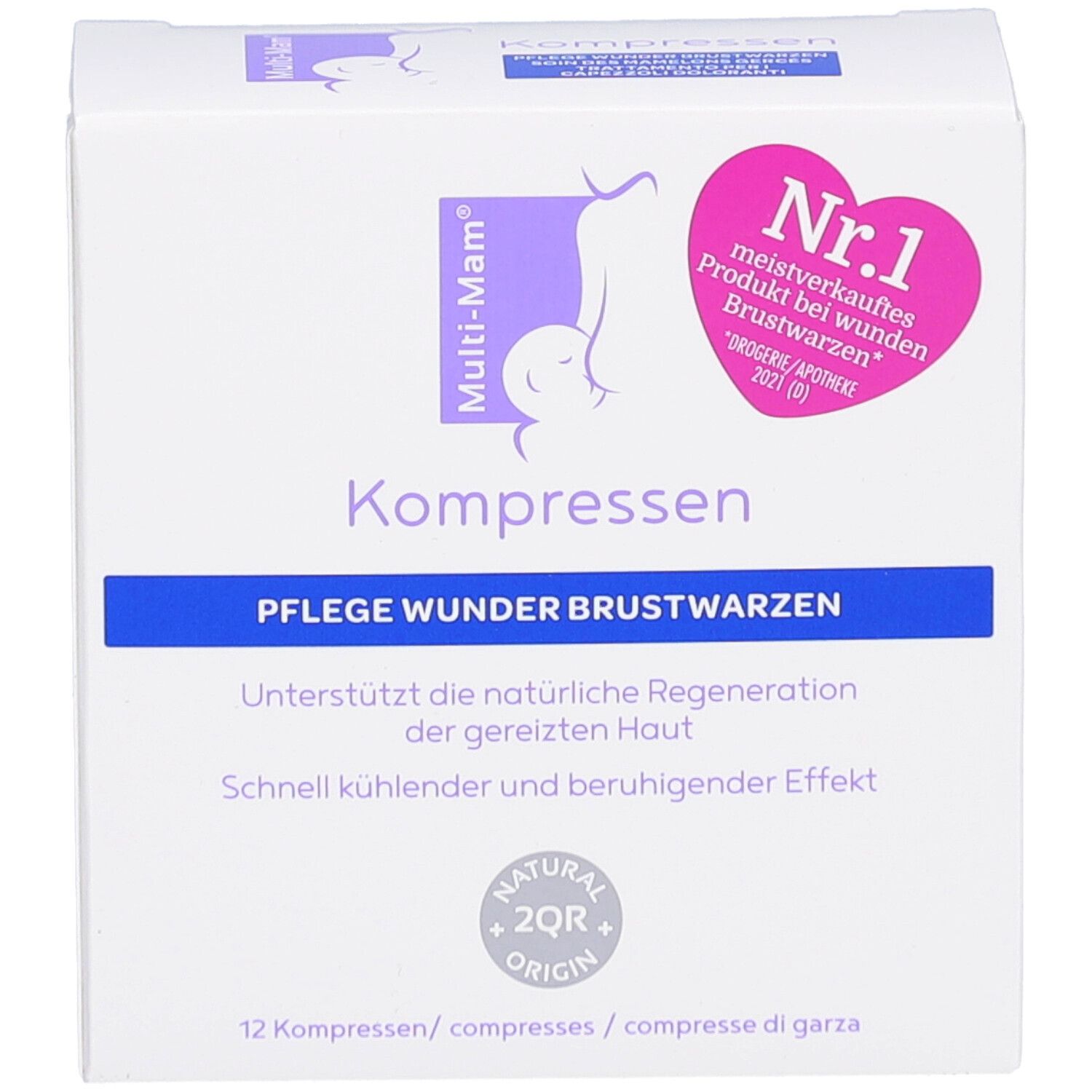 Vorderseite der Produktverpackung. Weißer Karton mit Produktnamen "Kompressen". Lila Logo. Pinkes Herz "Nr.1".