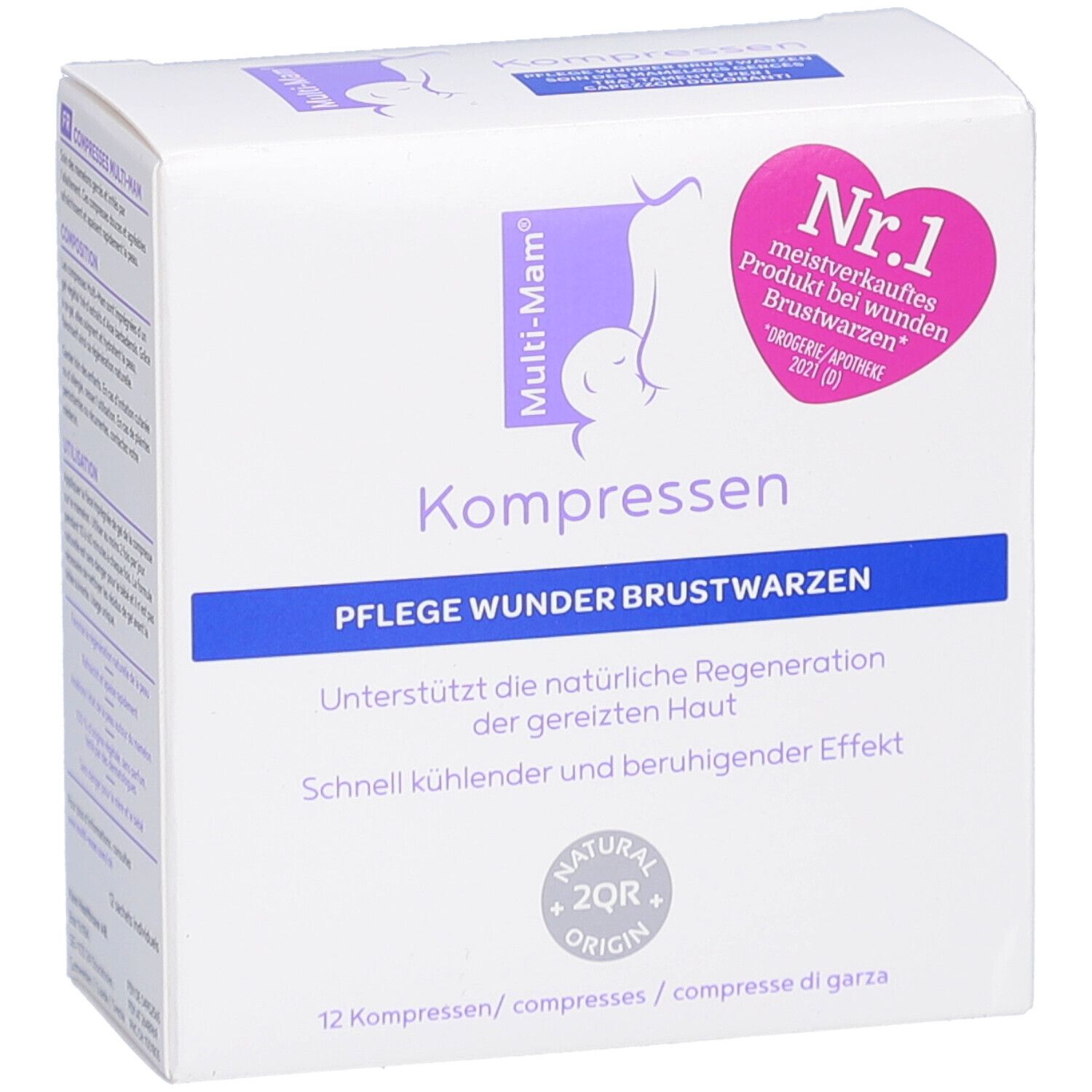 Vorderseite der Produktverpackung. Weißer Karton mit Produktnamen "Kompressen". Lila Logo. Pinkes Herz "Nr.1".