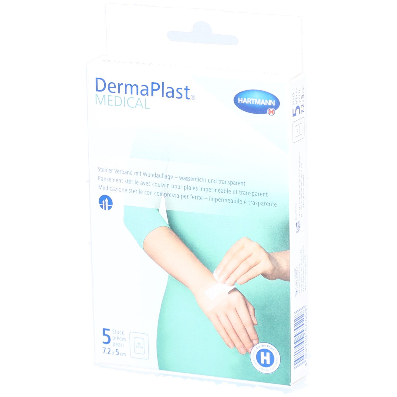 Boîte de pansements Dermaplast® Medical. 5 pièces, 7,2 x 5 cm. Pansement transparent appliqué sur le poignet. Marque et nom du produit visibles.