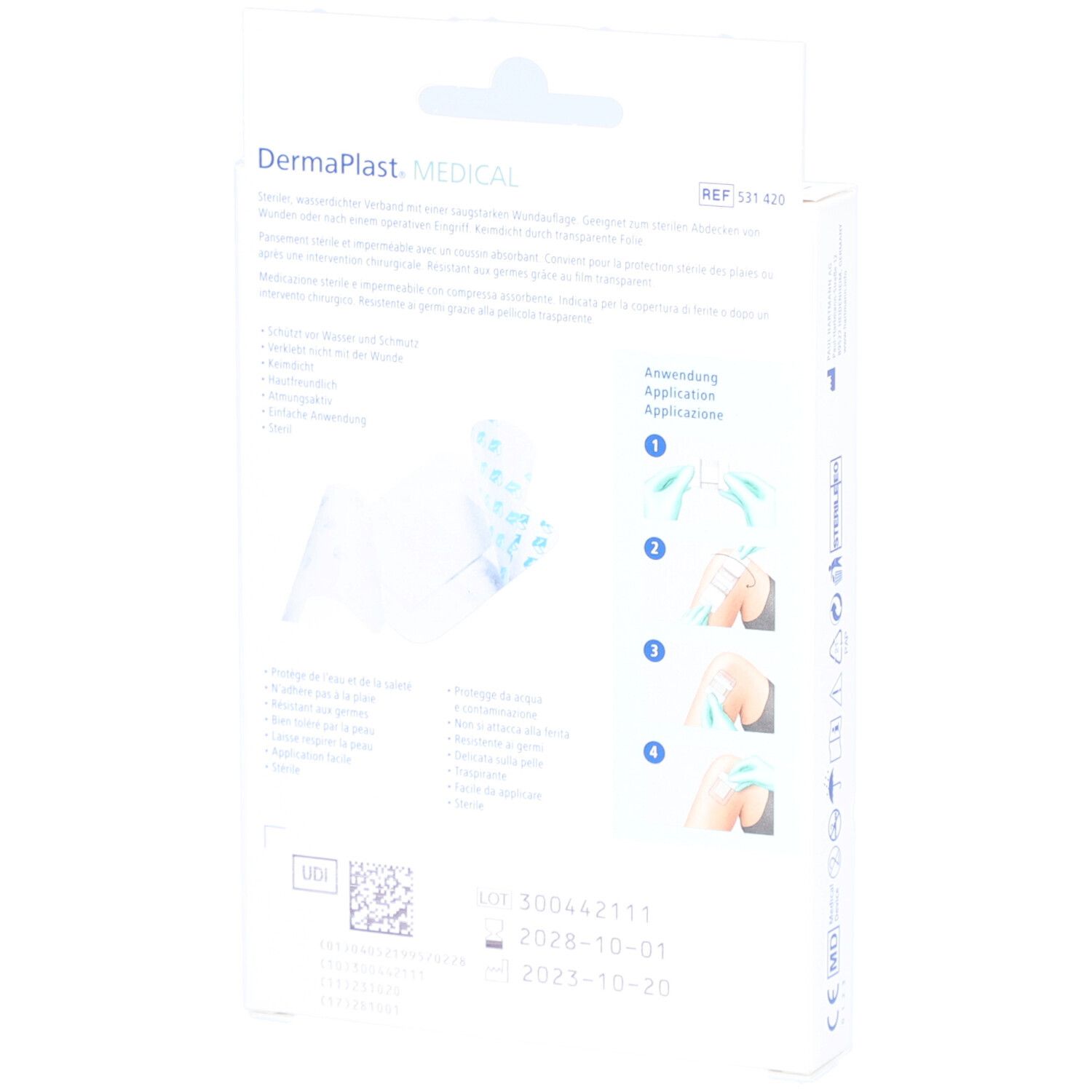 Dos de la boîte de pansements Dermaplast® Medical. Instructions d'utilisation et informations sur le produit en plusieurs langues. Date de péremption.