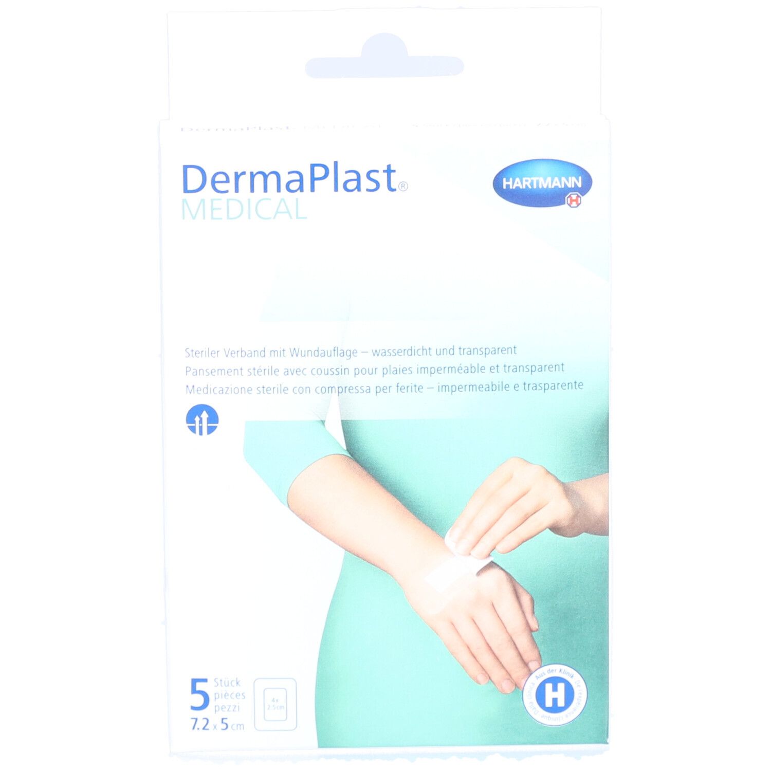 Boîte de pansements Dermaplast® Medical. 5 pièces, 7,2 x 5 cm. Pansement transparent appliqué sur le poignet. Marque et nom du produit visibles.