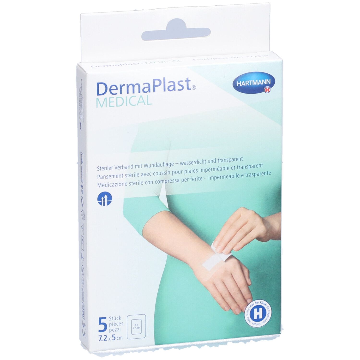 Boîte de pansements Dermaplast® Medical. 5 pièces, 7,2 x 5 cm. Pansement transparent appliqué sur le poignet. Marque et nom du produit visibles.