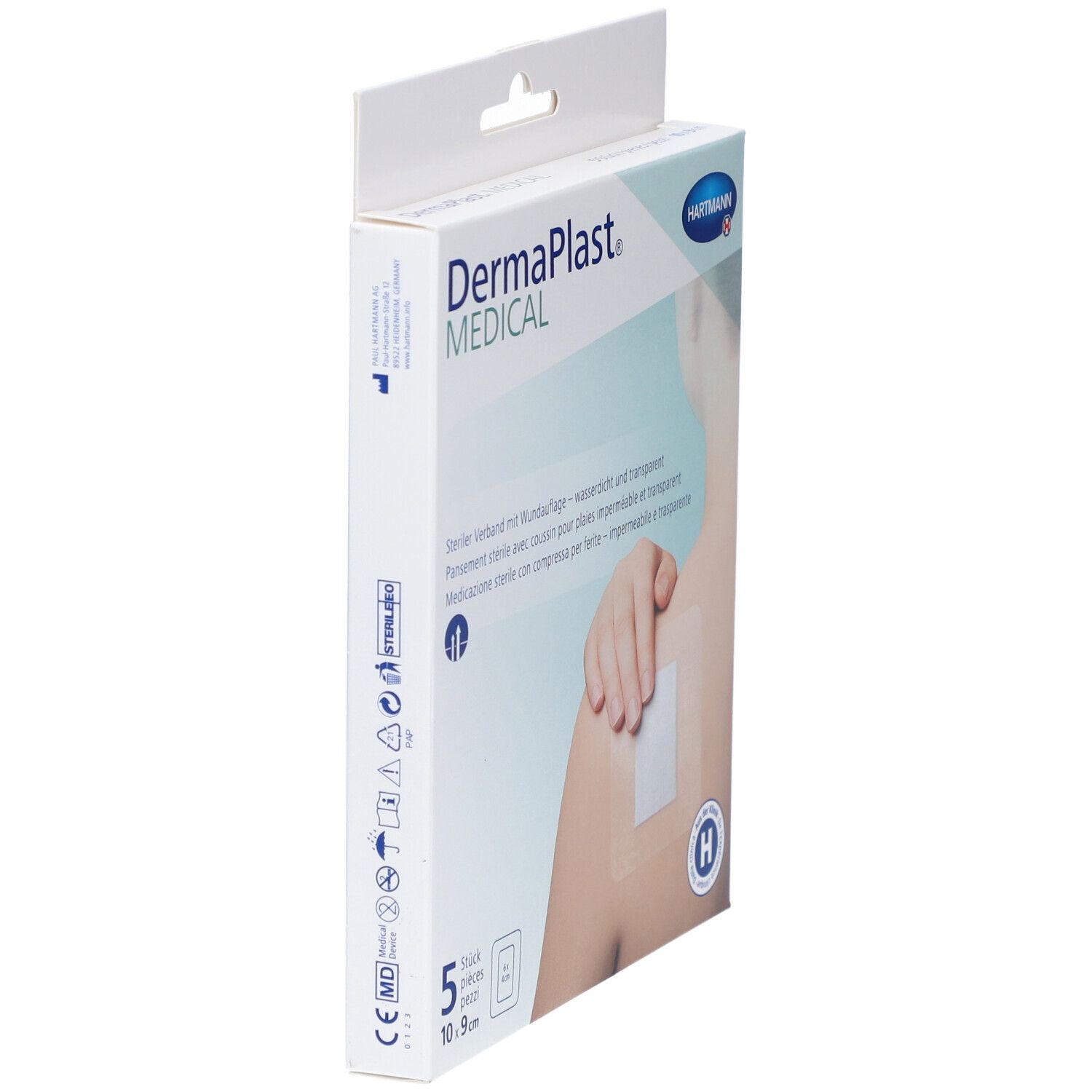 Dermaplast® MEDICAL Verpackung, 5 Pflaster, 10,9 cm. Seite mit Produktinformationen und Piktogrammen. Hartmann Logo.