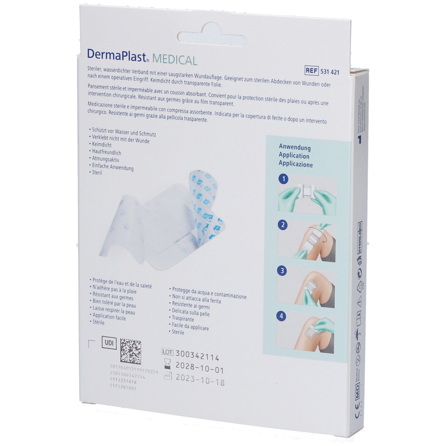 Rückseite der Dermaplast® MEDICAL Verpackung. Produktinformationen, Anwendungsanleitung und Haltbarkeitsdatum. Hartmann Logo.