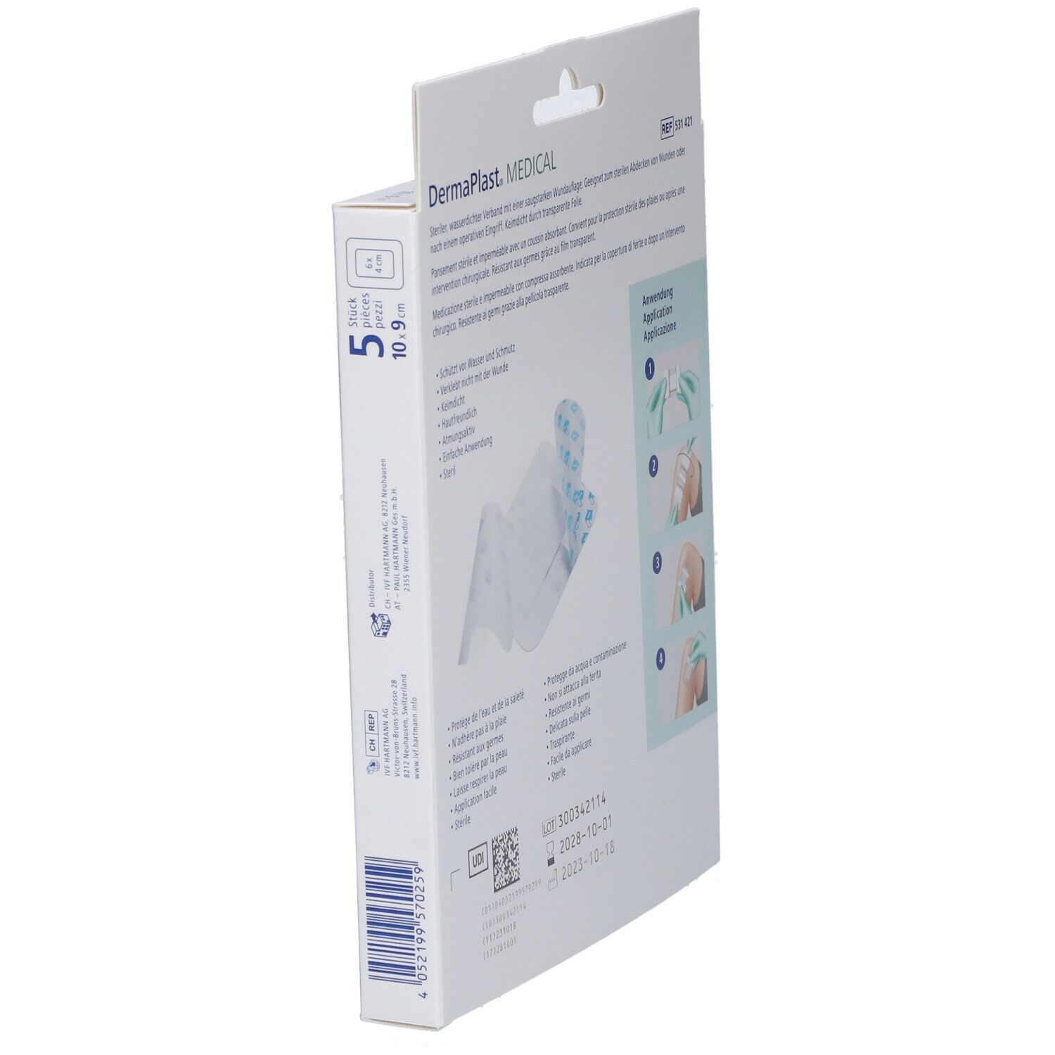 Dermaplast® MEDICAL Verpackung, 5 Pflaster, 10,9 cm. Seite mit Produktinformationen und Anwendungsanleitung. Hartmann Logo.