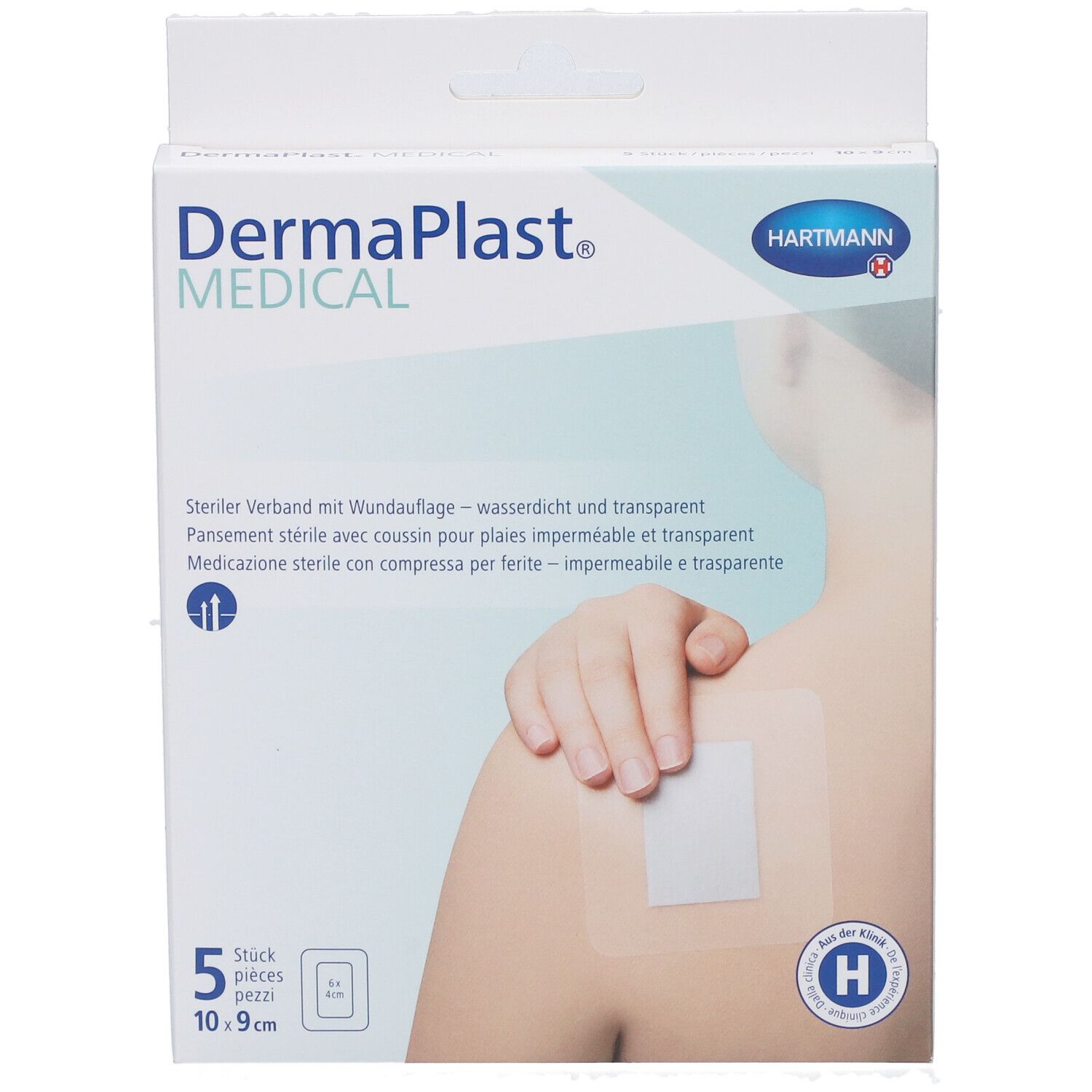 Verpackung Dermaplast® MEDICAL, 5 Pflaster, 10,9 cm. Transparentes Pflaster auf Schulter abgebildet. Hartmann Logo.