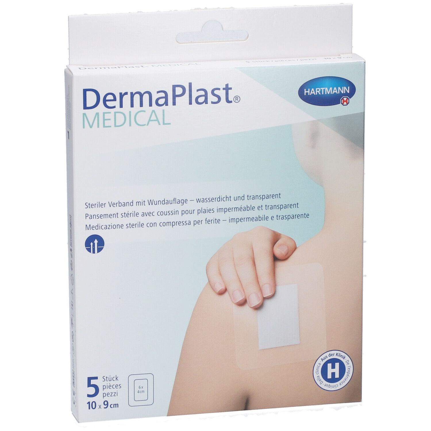 Verpackung Dermaplast® MEDICAL, 5 Pflaster, 10,9 cm. Transparentes Pflaster auf Schulter abgebildet. Hartmann Logo.