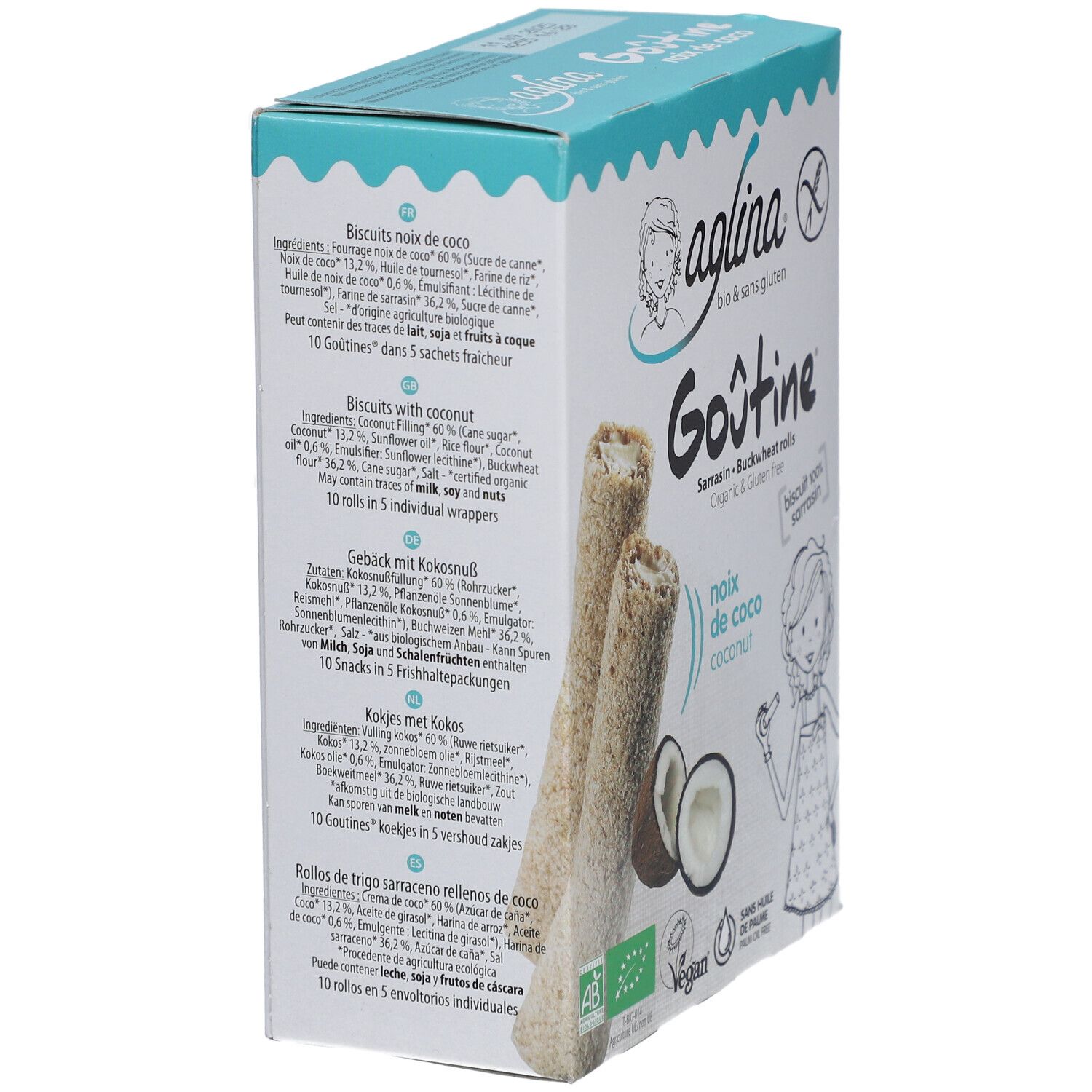 Verpackung von aglina® Goûtine Buchweizen-Kokosnuss-Rollen. Zutatenliste in Deutsch, Englisch, Französisch und Niederländisch.