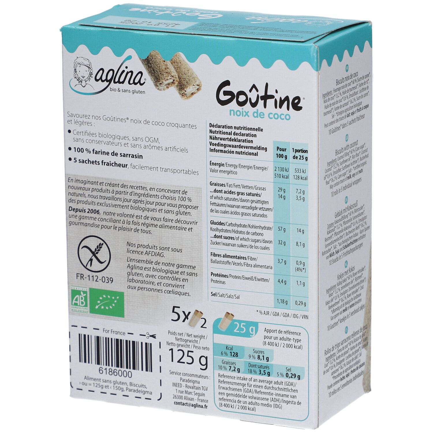 Rückseite der Verpackung von aglina® Goûtine Buchweizen-Kokosnuss-Rollen. Nährwertangaben und AB-Siegel.