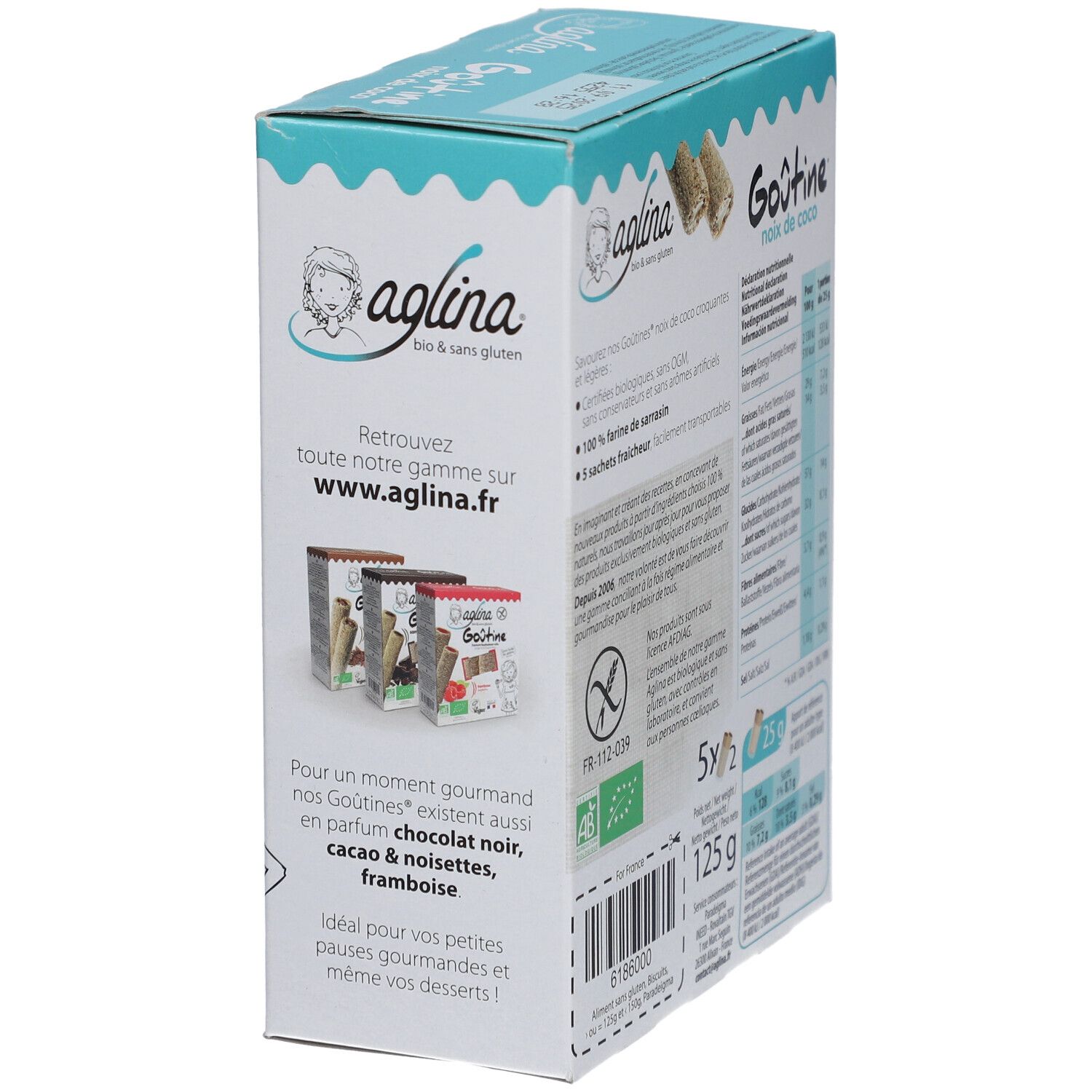 Verpackung von aglina® Goûtine Buchweizen-Kokosnuss-Rollen. Produktabbildung und Hinweise auf andere Geschmacksrichtungen.