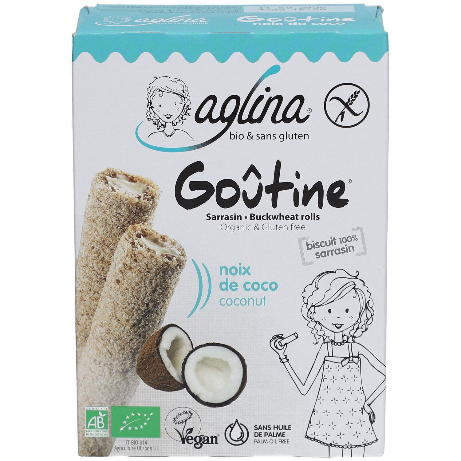 Verpackung mit aglina® Goûtine Buchweizen-Kokosnuss-Rollen. Bio & glutenfrei. Mit Kokosnuss-Abbildung und AB-Siegel.