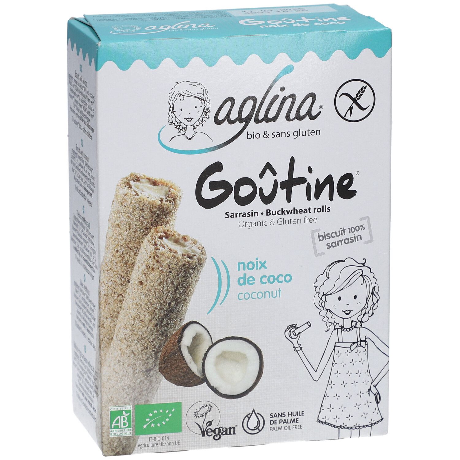 Verpackung mit aglina® Goûtine Buchweizen-Kokosnuss-Rollen. Bio & glutenfrei. Mit Kokosnuss-Abbildung und AB-Siegel.