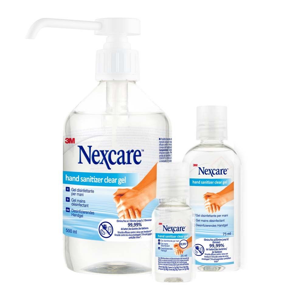 Drei Flaschen Handdesinfektionsmittel. Eine große mit Pumpe, zwei kleinere. Alle mit Nexcare-Logo.