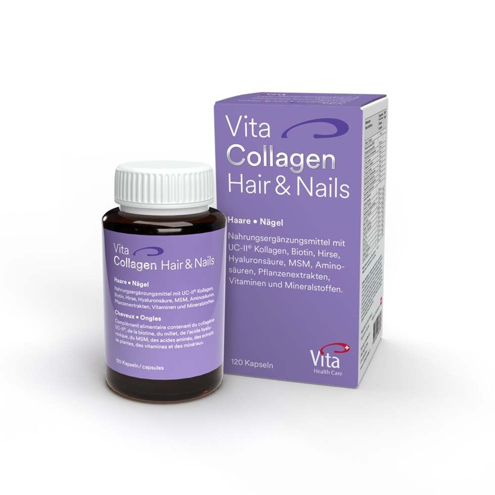 Braune Flasche und Schachtel "Vita Collagen Hair & Nails". 120 Kapseln. Vita Logo.