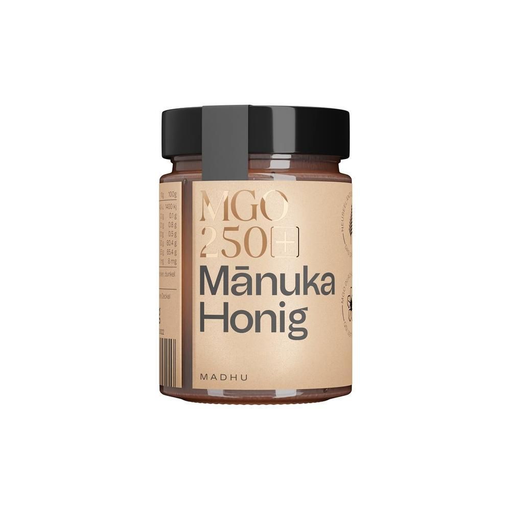 Glas Manuka Honig MGO 250+ von Madhu mit schwarzem Deckel und braunem Etikett.