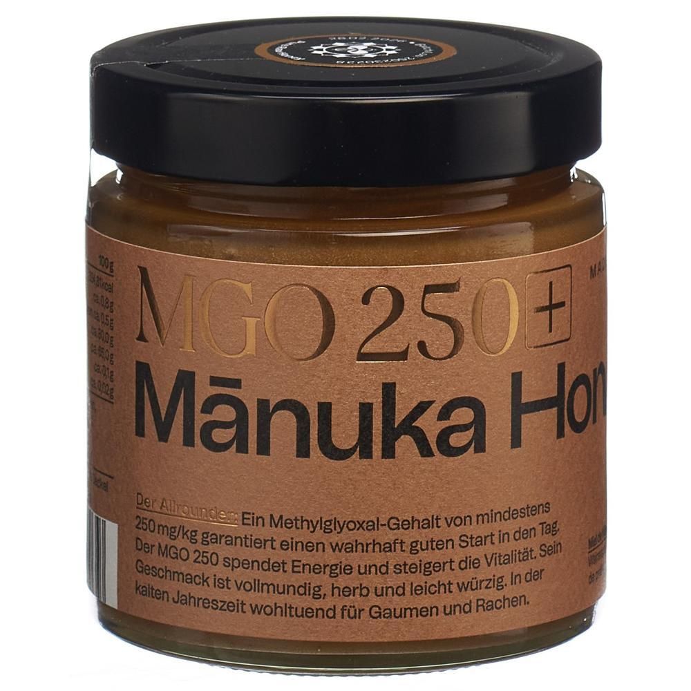 Glas Manuka Honig MGO 250+, braunes Etikett mit goldener Schrift.