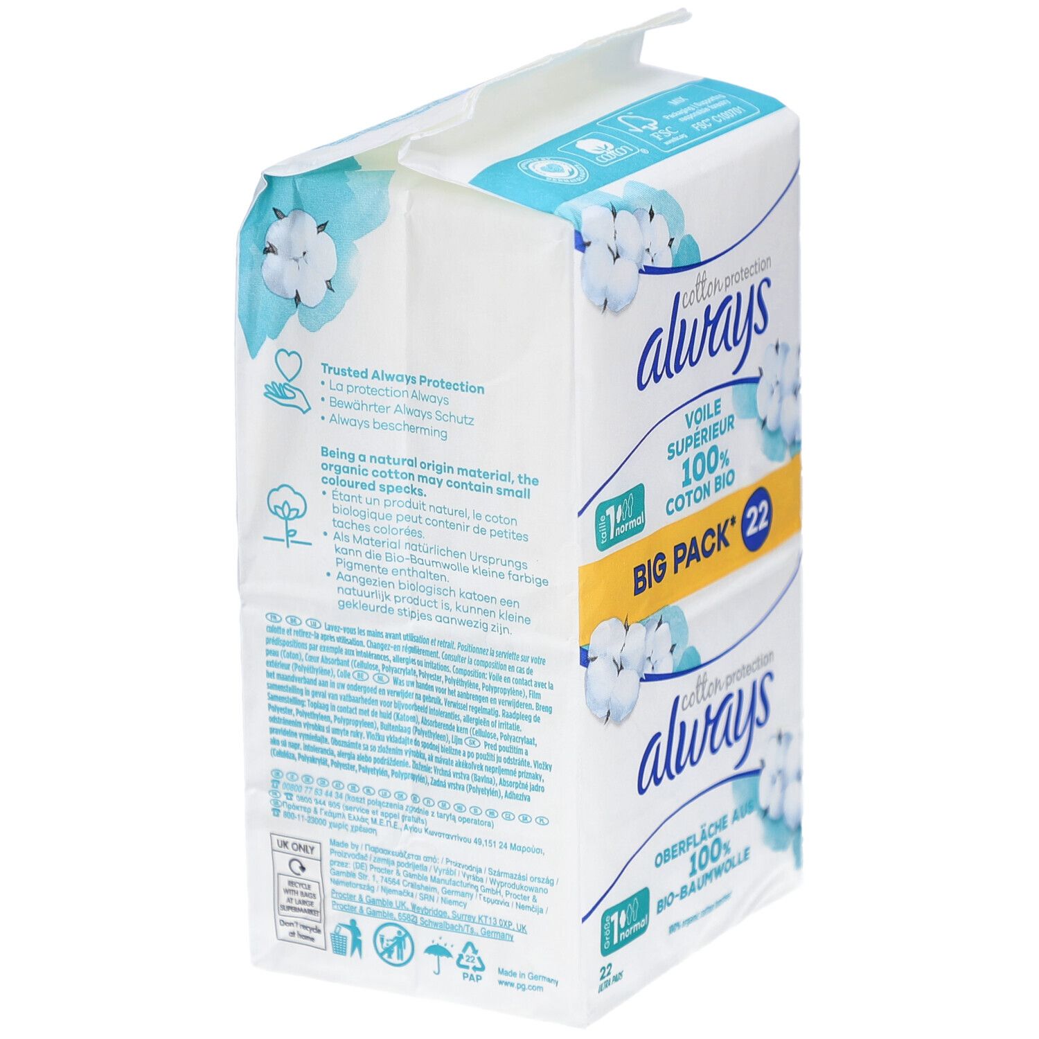 ALWAYS Ultra Binde BigPack 22 Stück. Verpackung mit Produktinformationen. Seitenansicht.