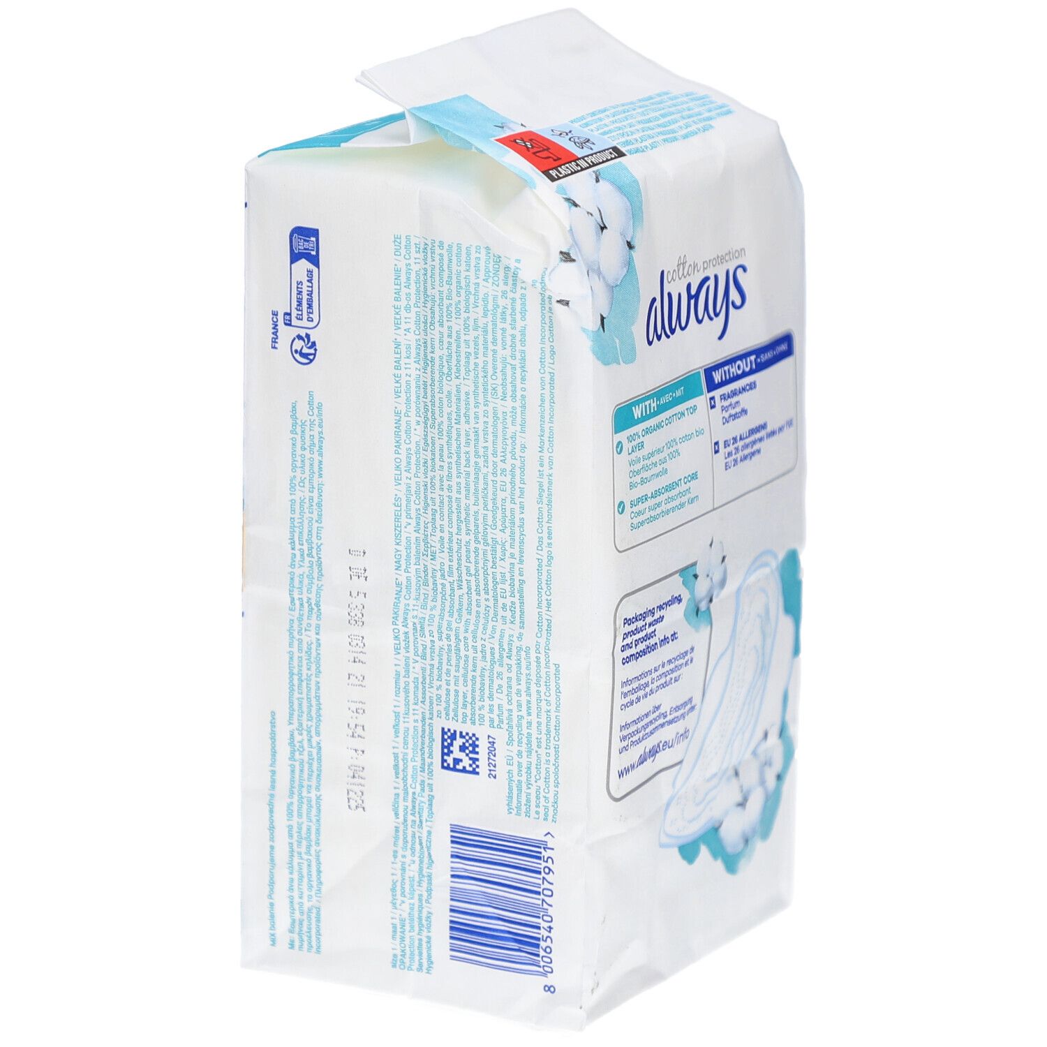 ALWAYS Ultra Binde ohne Duftstoffe. Verpackung mit Produktinformationen und Produktabbildung.