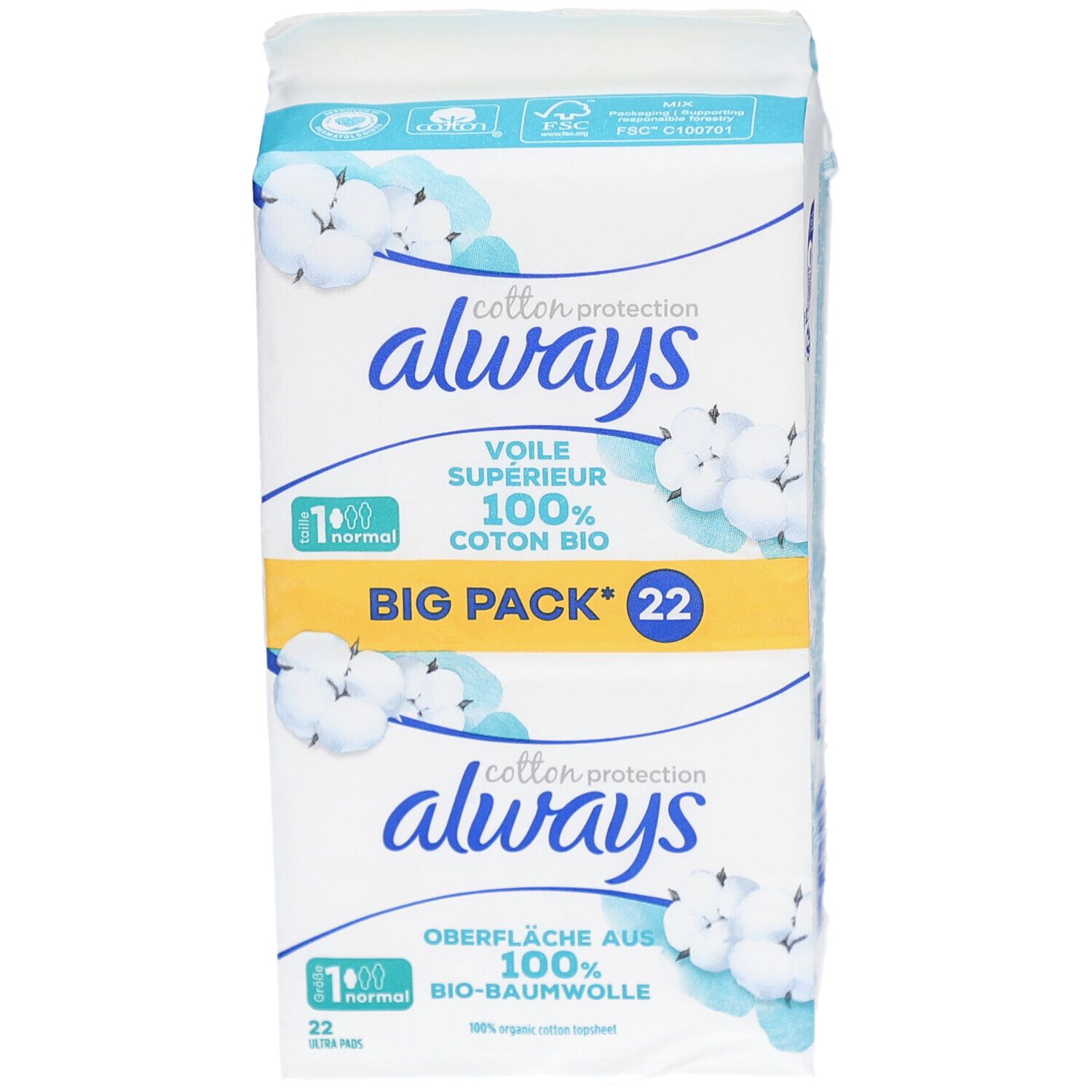 ALWAYS Ultra Binde BigPack 22 Stück. Verpackung mit Produktinformationen. Vorderansicht.