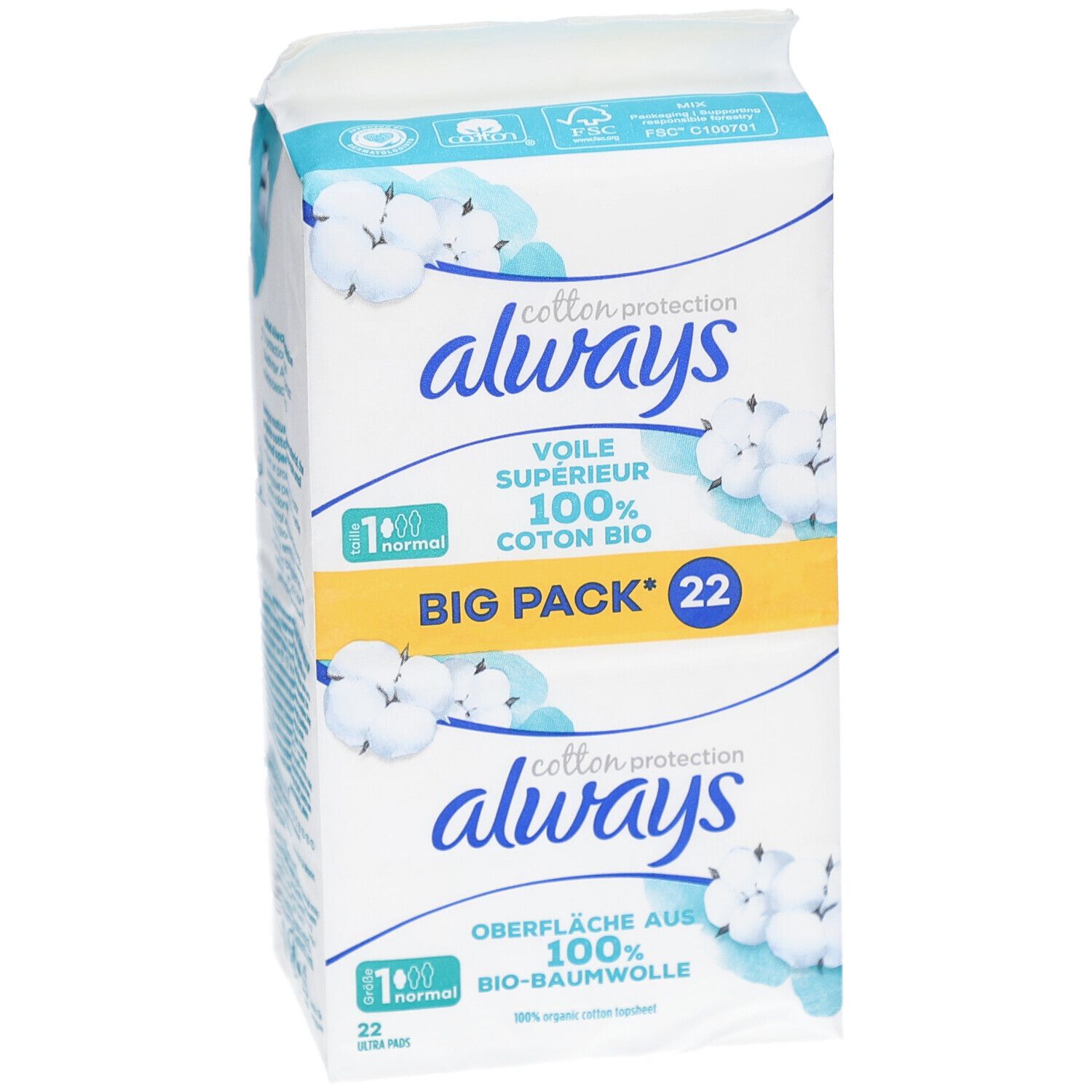 ALWAYS Ultra Binde BigPack 22 Stück. Verpackung mit Produktinformationen. Vorderansicht.