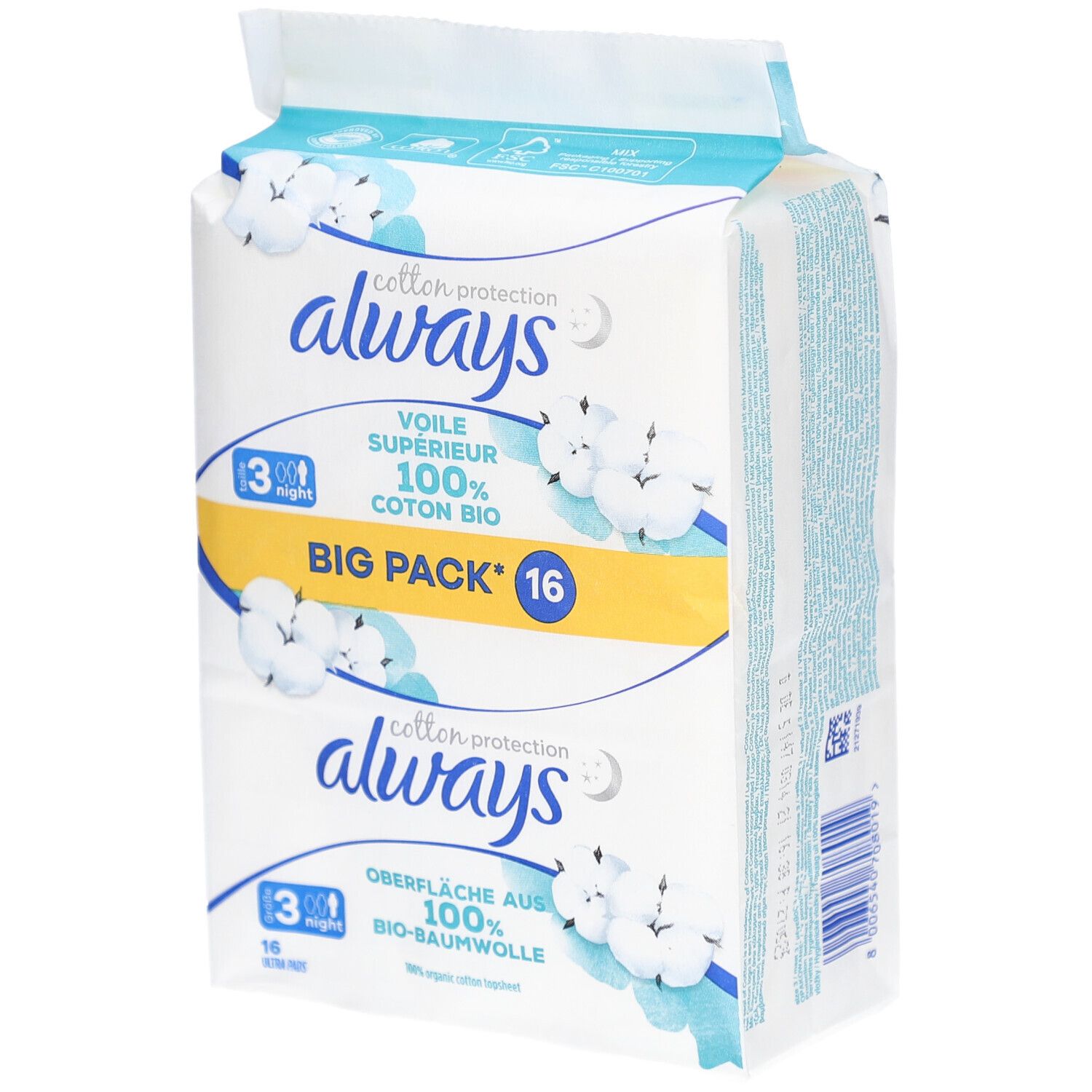 Verpackung Always Cotton Protection. Aufschrift: 100% Bio-Baumwolle, Big Pack 16. Baumwoll-Illustrationen.