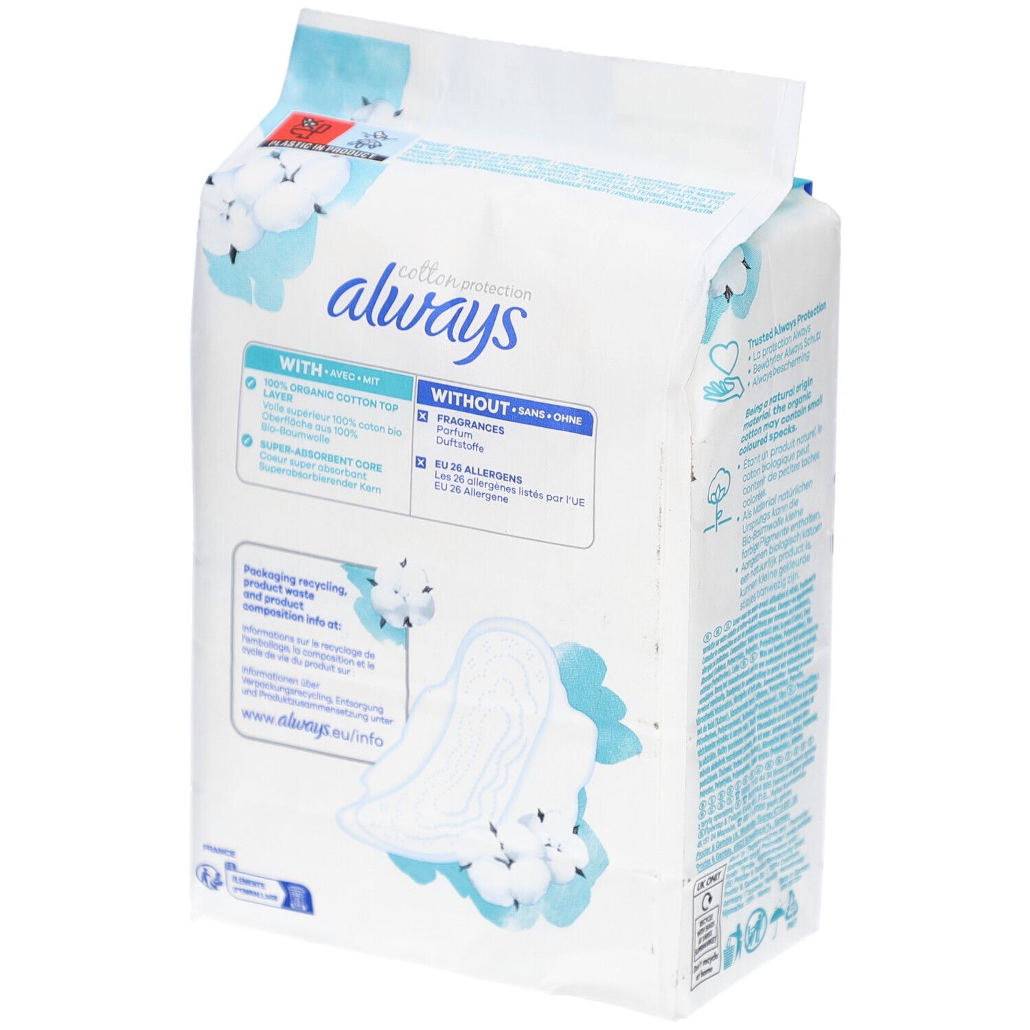Always Cotton Protection Pack. Rückseite mit Text. Mit oder ohne Duftstoffe. Illustration einer Binde.