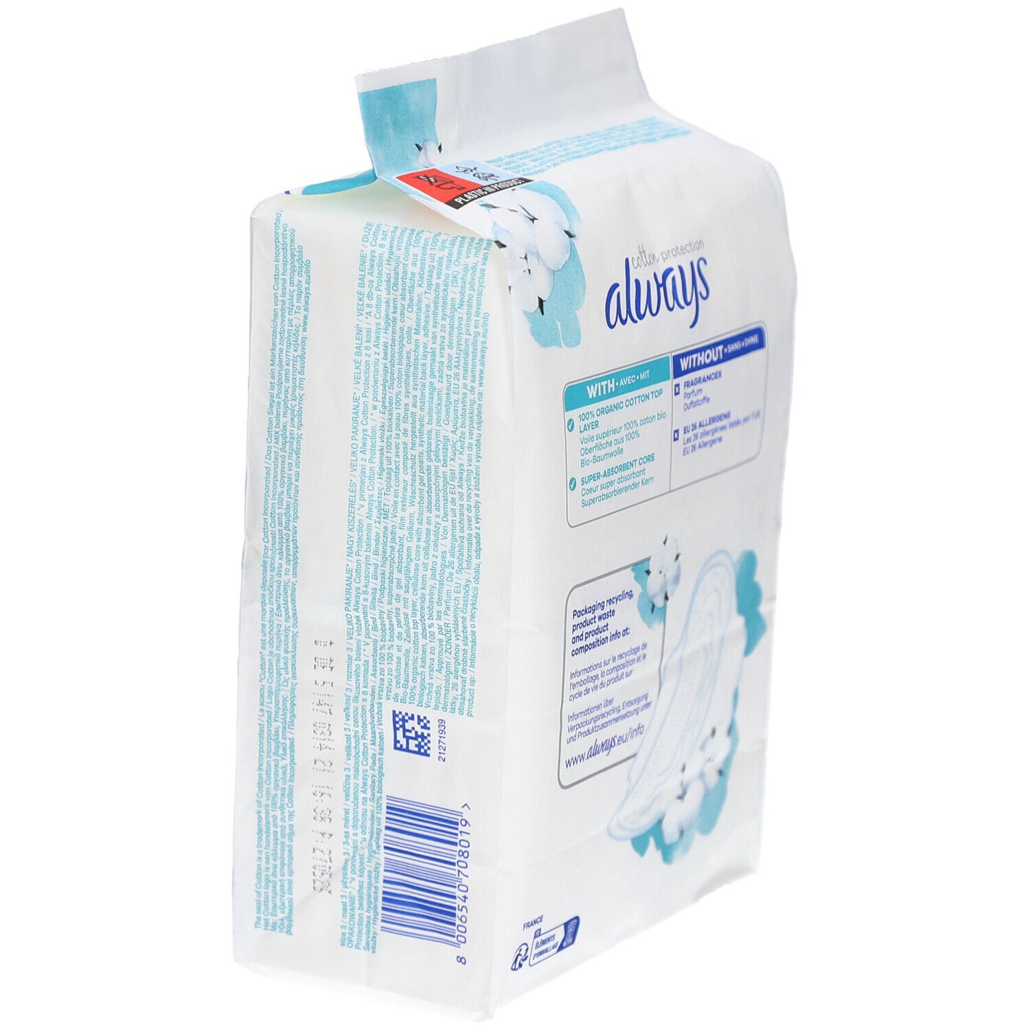 Always Cotton Protection Pack. Rückseite mit Text. Mit oder ohne Duftstoffe. Illustration einer Binde.