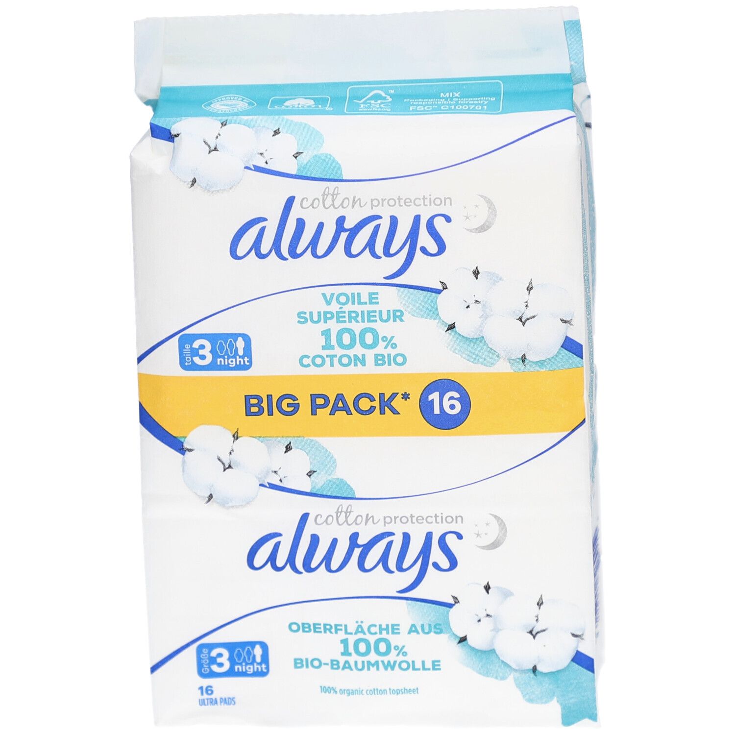 Always Cotton Protection Pack. Aufschrift: 100% Bio-Baumwolle, Big Pack 16. Baumwoll-Illustrationen.
