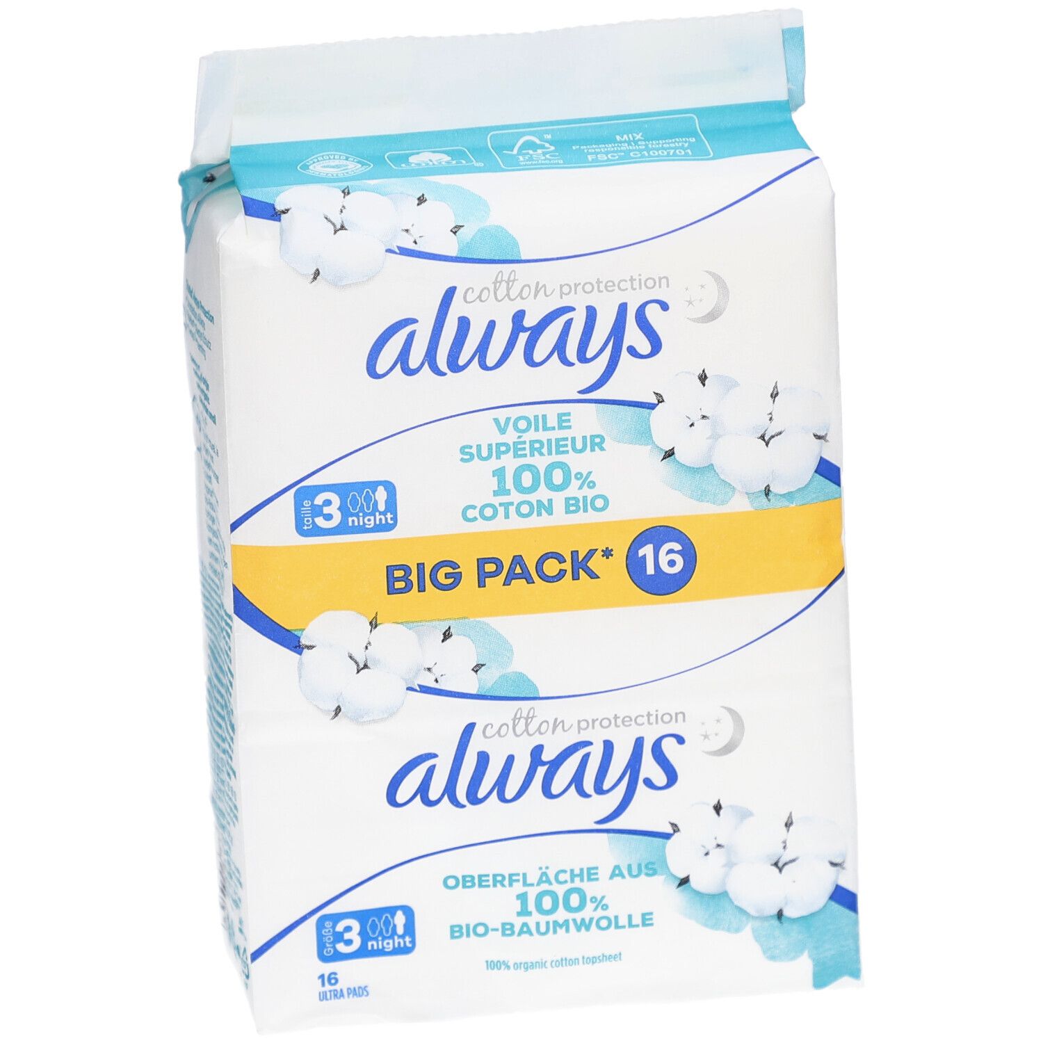 Always Cotton Protection Pack. Aufschrift: 100% Bio-Baumwolle, Big Pack 16. Baumwoll-Illustrationen.