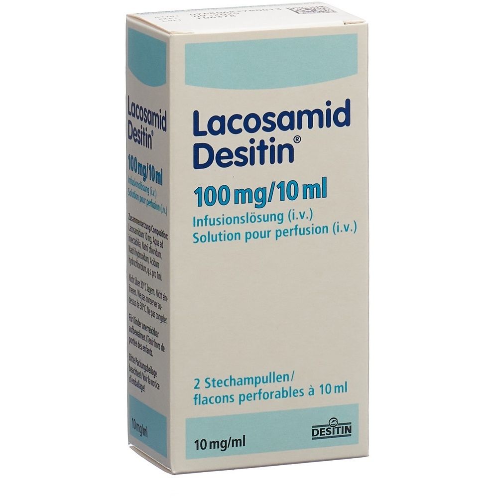 Boîte Lacosamid Desitin, 100 mg/10 ml, solution pour perfusion. Contient 2 ampoules. Marque Desitin.