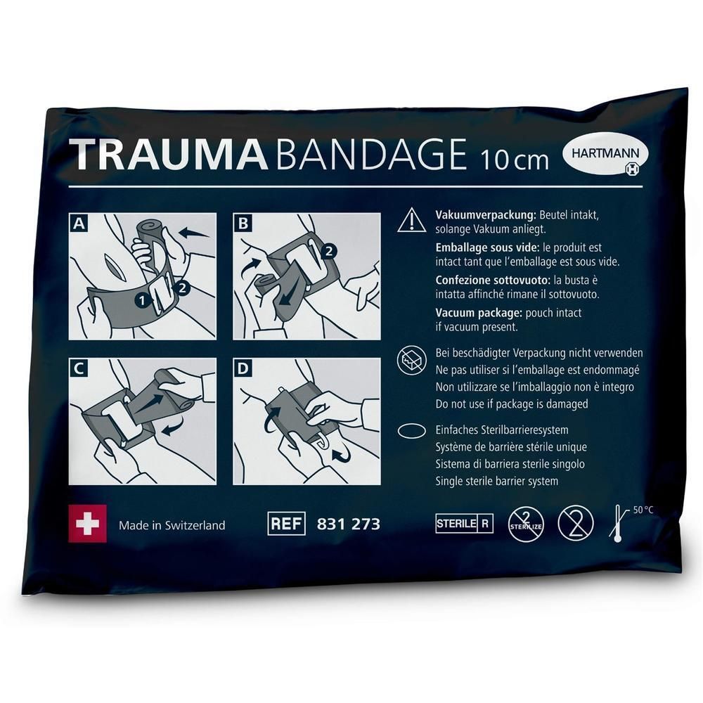 Verpackung mit Trauma Bandage 10 cm. Schwarze Folie mit Produktinformationen und Piktogrammen. Marke HARTMANN.