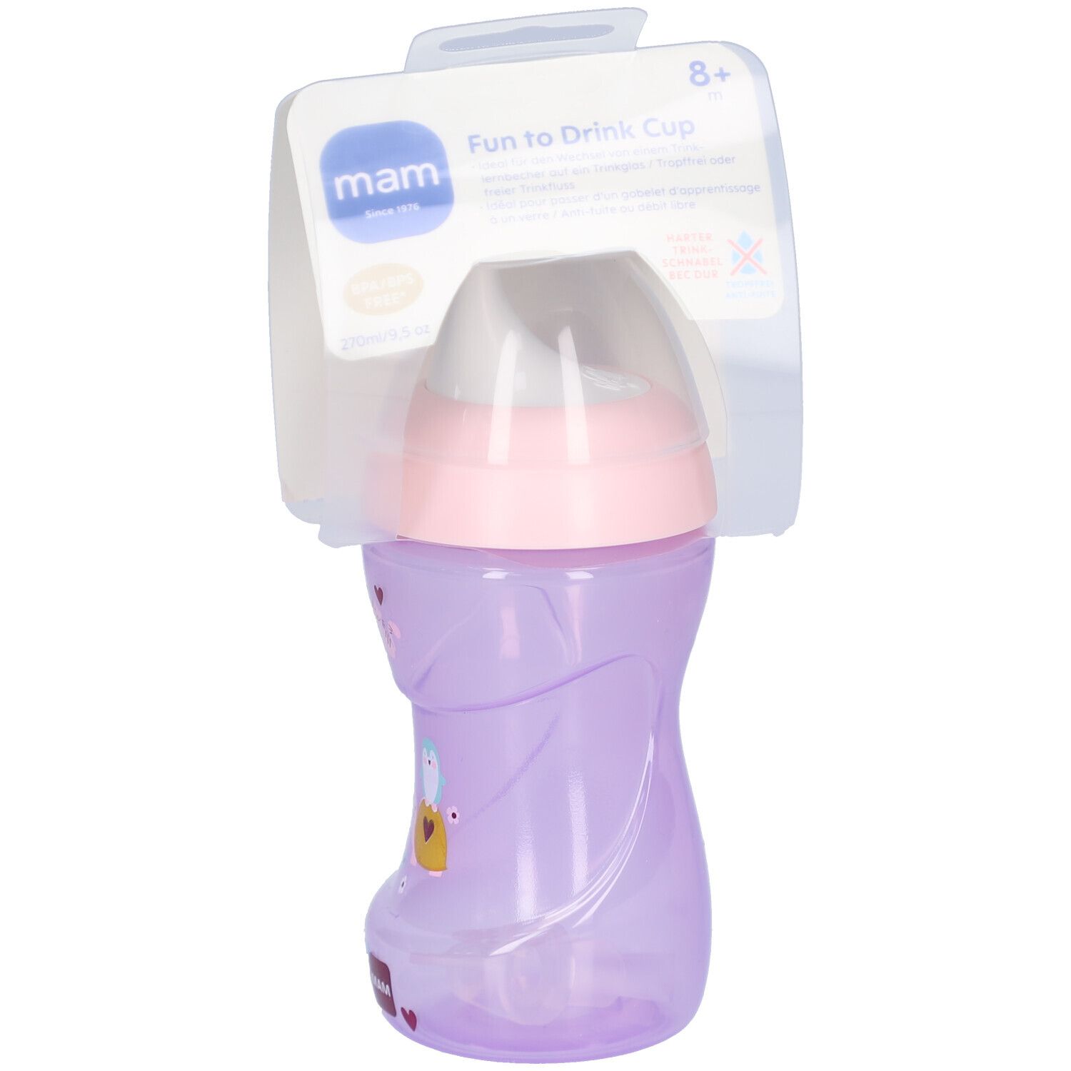 Gobelet violet avec couvercle rose et embout transparent. Emballage avec informations produit. Marque MAM.