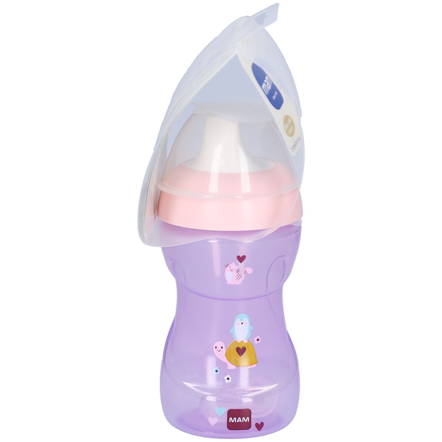 Gobelet violet avec couvercle rose et embout transparent. Emballage avec informations produit. Marque MAM.