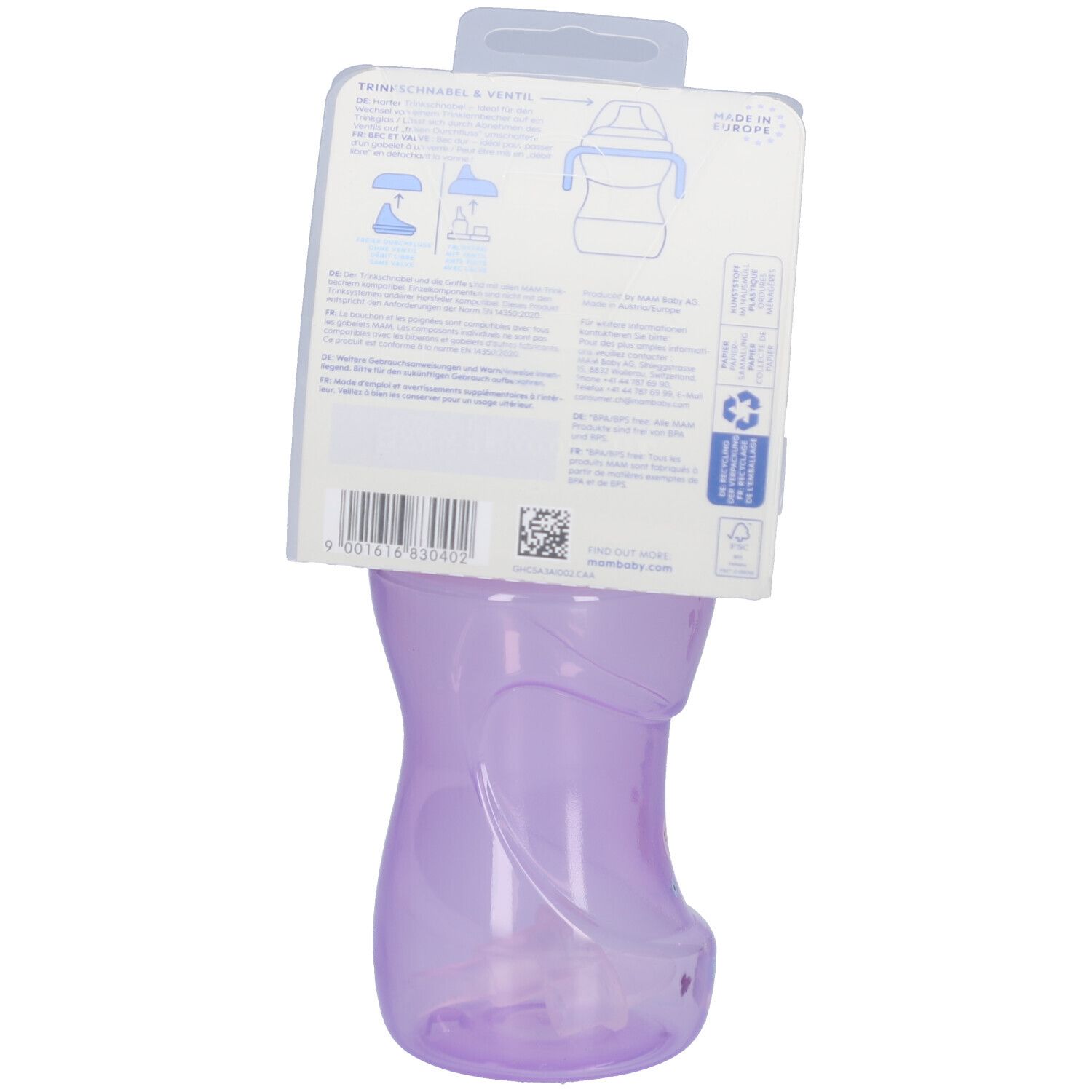 Dos de l'emballage du gobelet violet. Informations produit, code-barres et logos. Marque MAM.