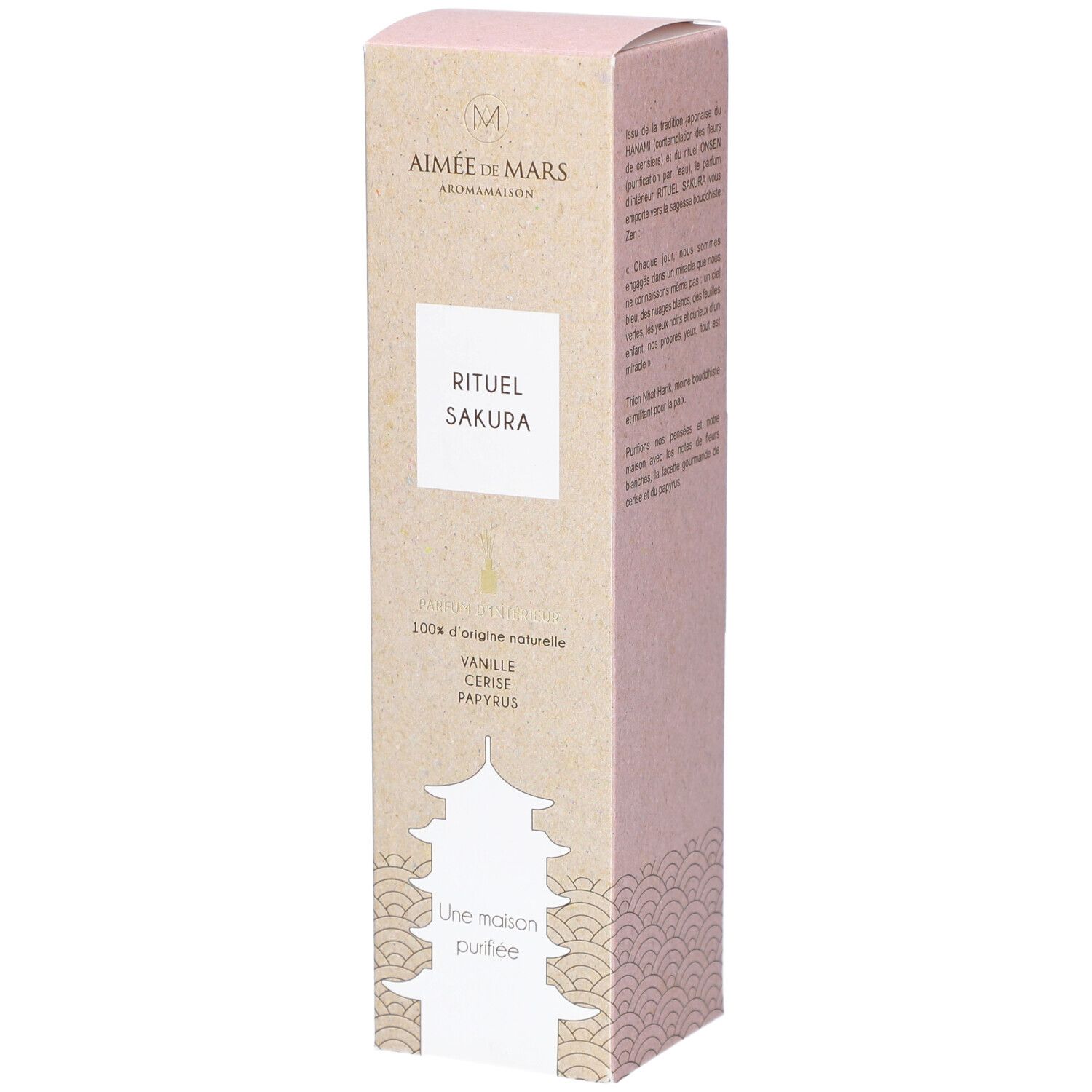 Kartonverpackung mit Produktnamen "Rituel Sakura" und Logo. Enthält Duftstäbchen. Rosa und beige Farbtöne.
