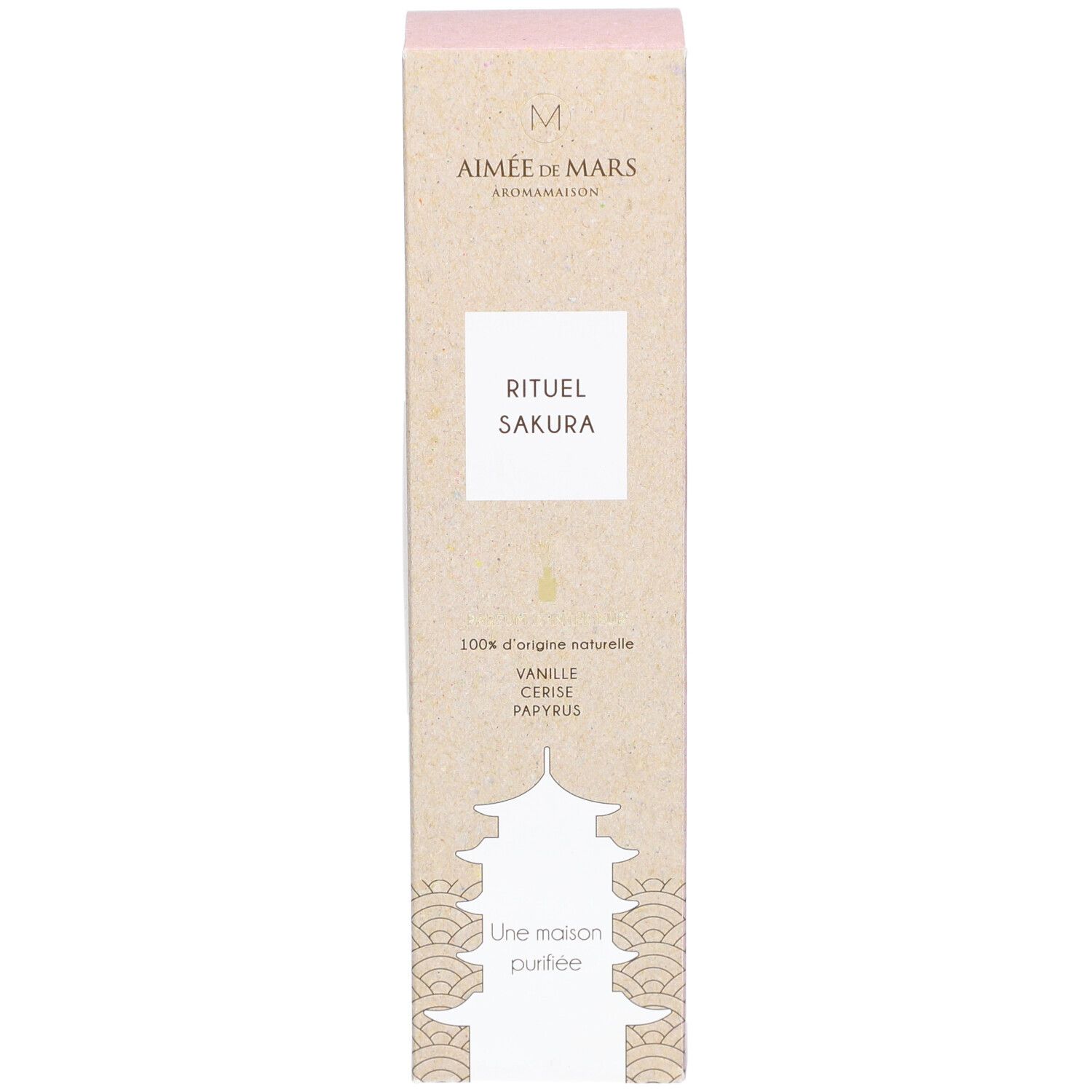 Kartonverpackung "Rituel Sakura" mit Logo und Produktinformationen. Beige und rosa Farbtöne. Vorderansicht.