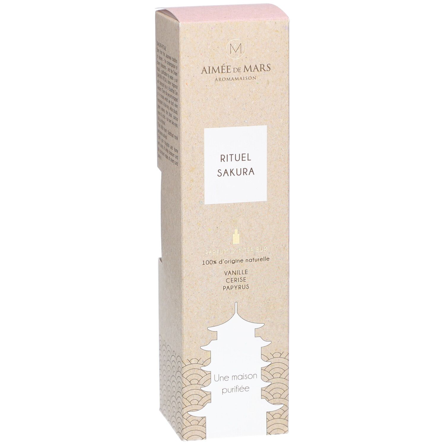 Kartonverpackung "Rituel Sakura" mit Logo und Produktinformationen. Beige und rosa Farbtöne. Nahaufnahme.