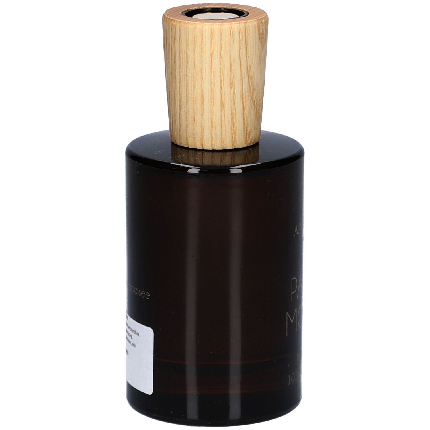 Braune Glasflasche mit Holzverschluss. Aufkleber mit Text. Marke: Aimée de Mars.