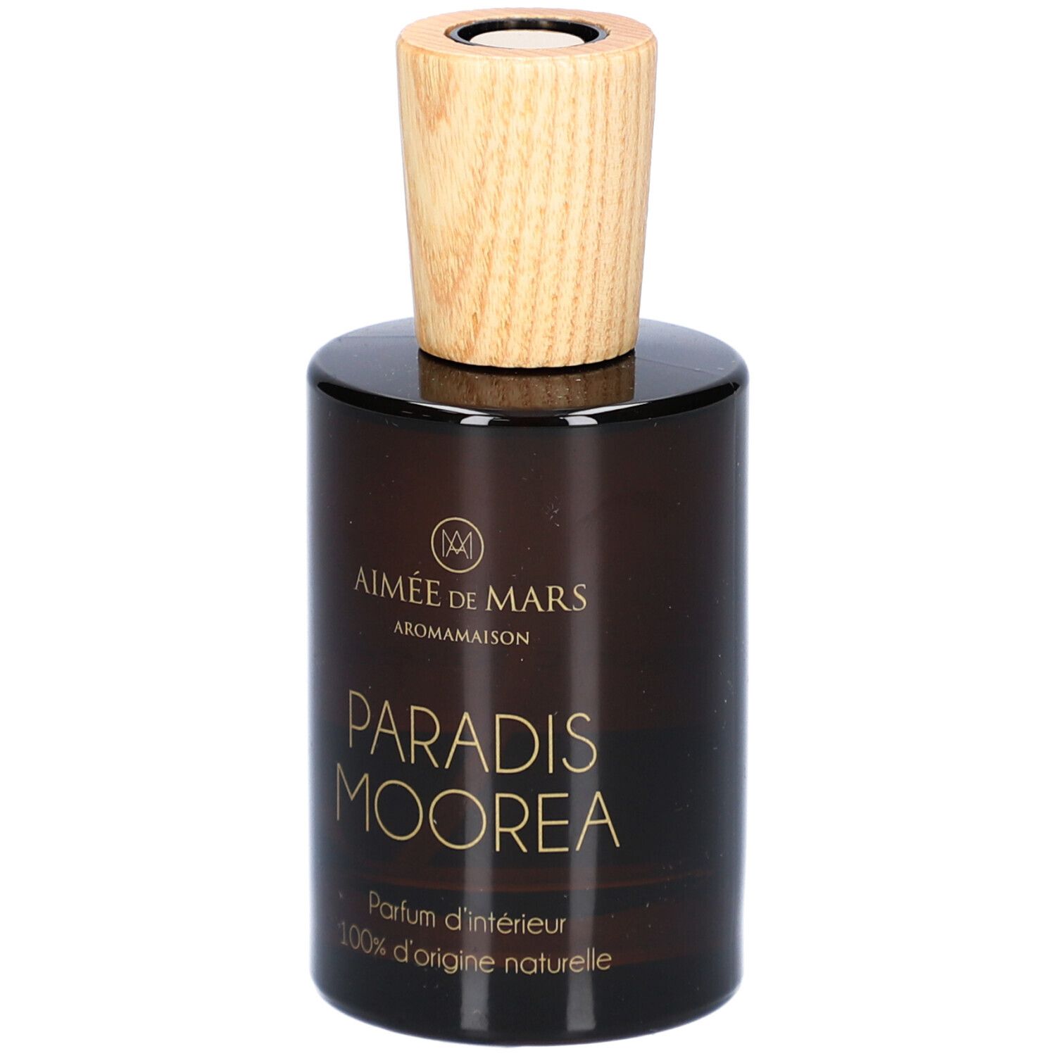 Braune Glasflasche mit Holzverschluss. Aufschrift: Paradis Moorea, Parfum d'intérieur, 100% d'origine naturelle. Marke: Aimée de Mars.