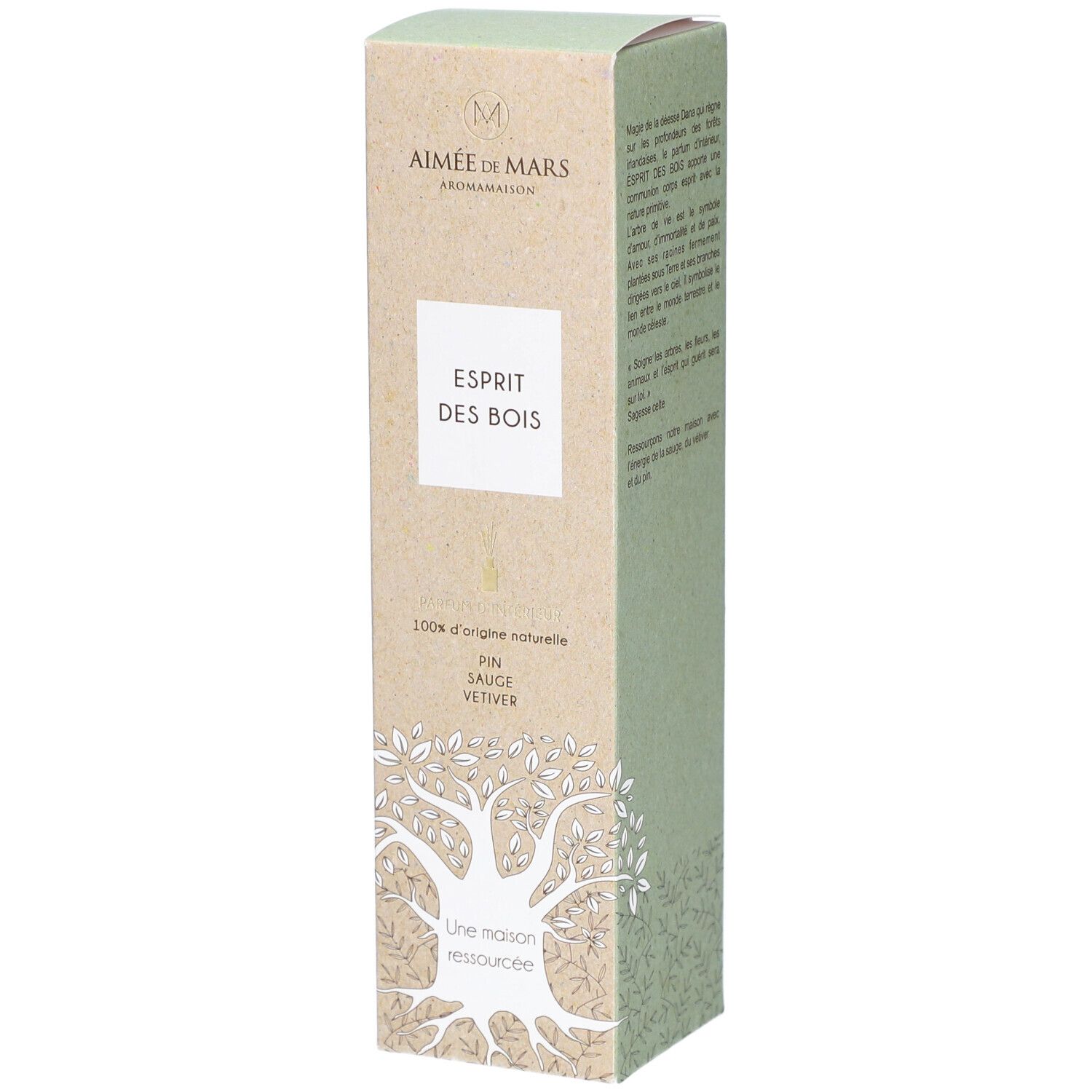 Kartonverpackung mit Produktnamen und Logo. Text: 100% natürliche Herkunft, Kiefer, Salbei, Vetiver. Baum-Illustration.