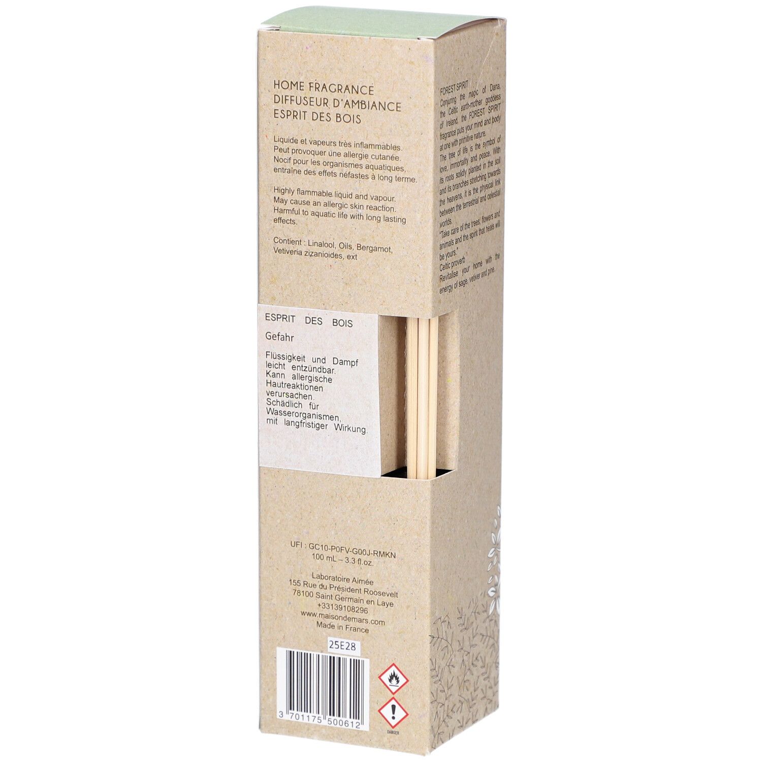 Kartonverpackung mit Produktnamen und Logo. Enthält Holzstäbchen. Text: Home Fragrance. Gefahrenhinweise.