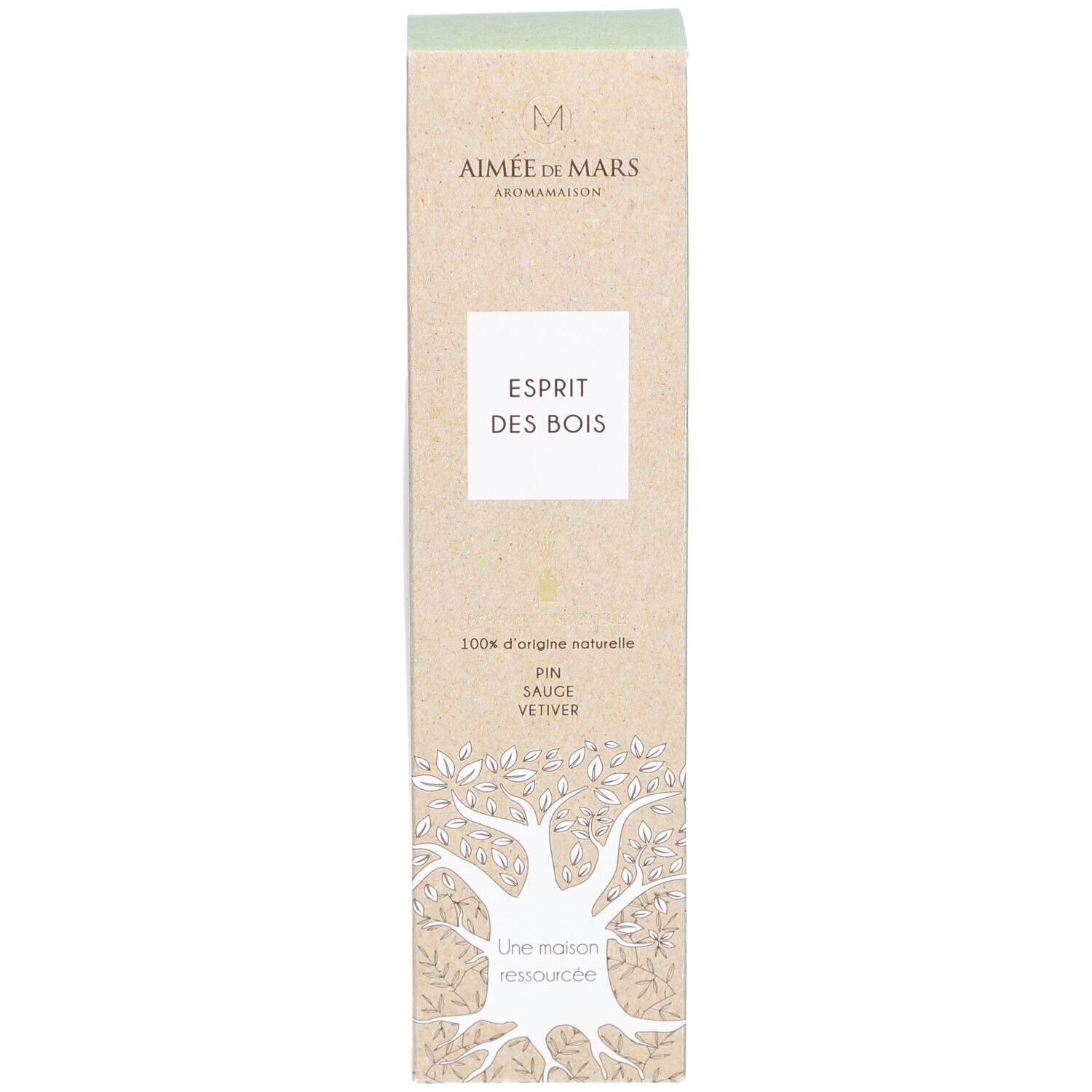 Kartonverpackung mit Produktnamen und Logo. Text: 100% natürliche Herkunft, Kiefer, Salbei, Vetiver. Baum-Illustration.