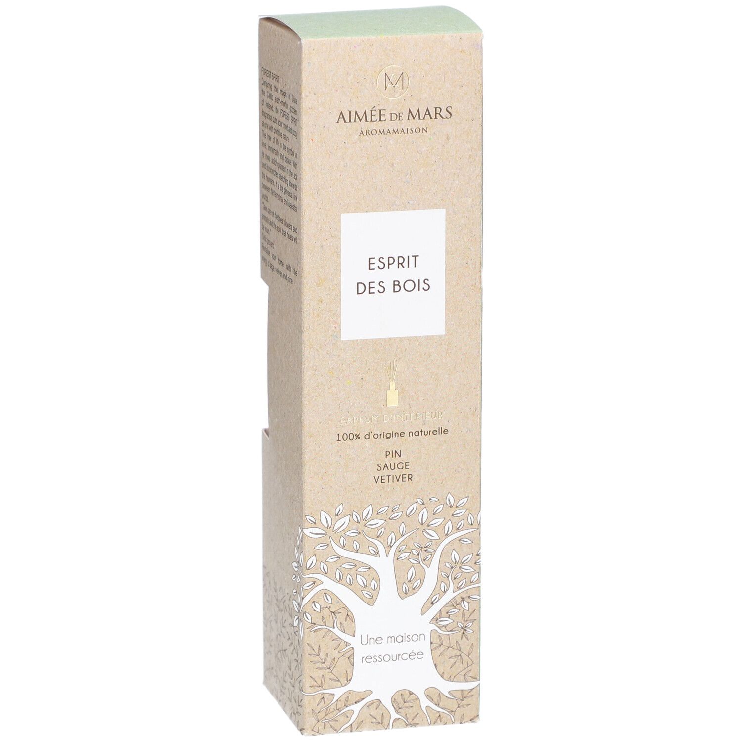 Kartonverpackung mit Produktnamen und Logo. Text: 100% natürliche Herkunft, Kiefer, Salbei, Vetiver. Baum-Illustration.