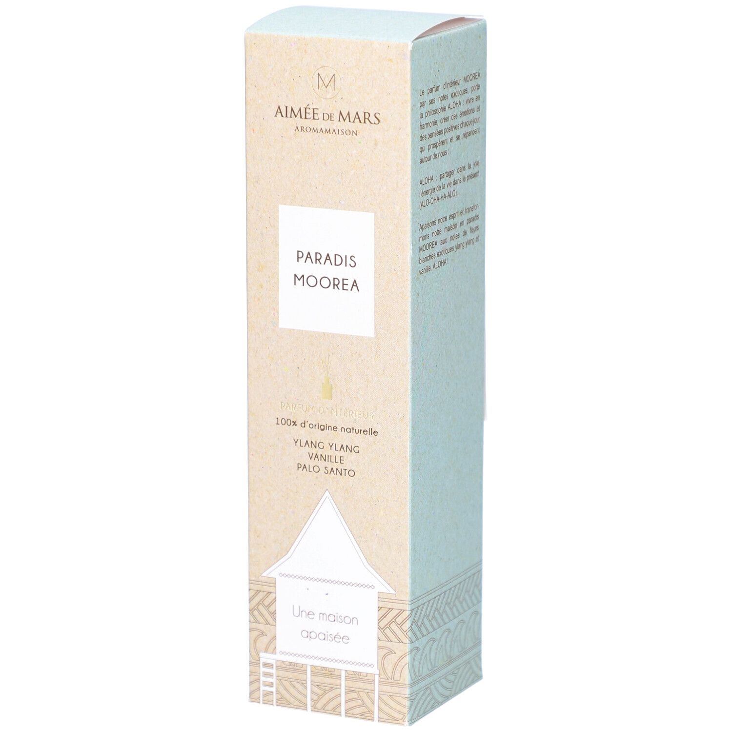 Kartonverpackung mit Produktnamen "Paradis Moorea" und Markenlogo. Enthält Text und Illustrationen. Beige und hellblaue Farbtöne.