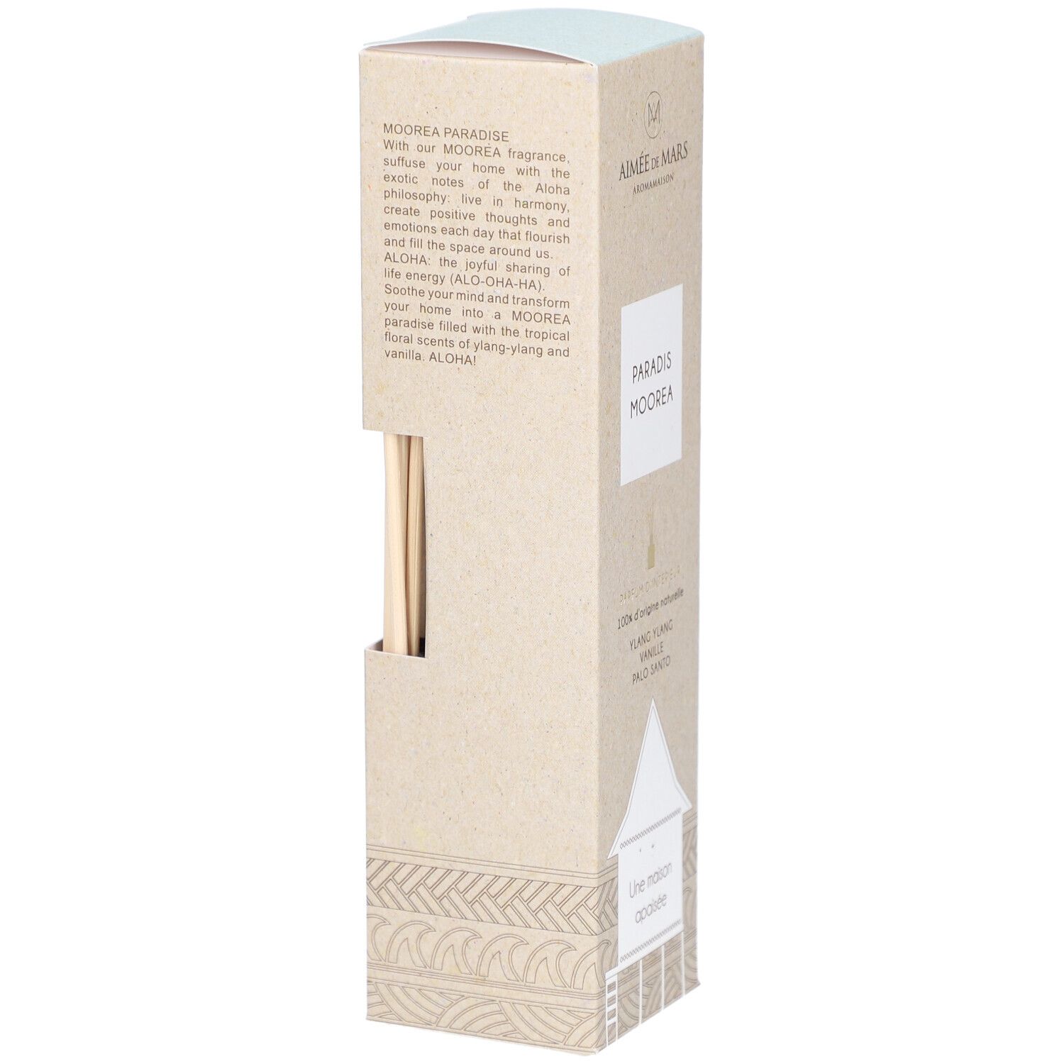 Seitenansicht der Produktverpackung mit Produktnamen "Paradis Moorea". Enthält Holzstäbchen. Beige und hellblaue Farbtöne.