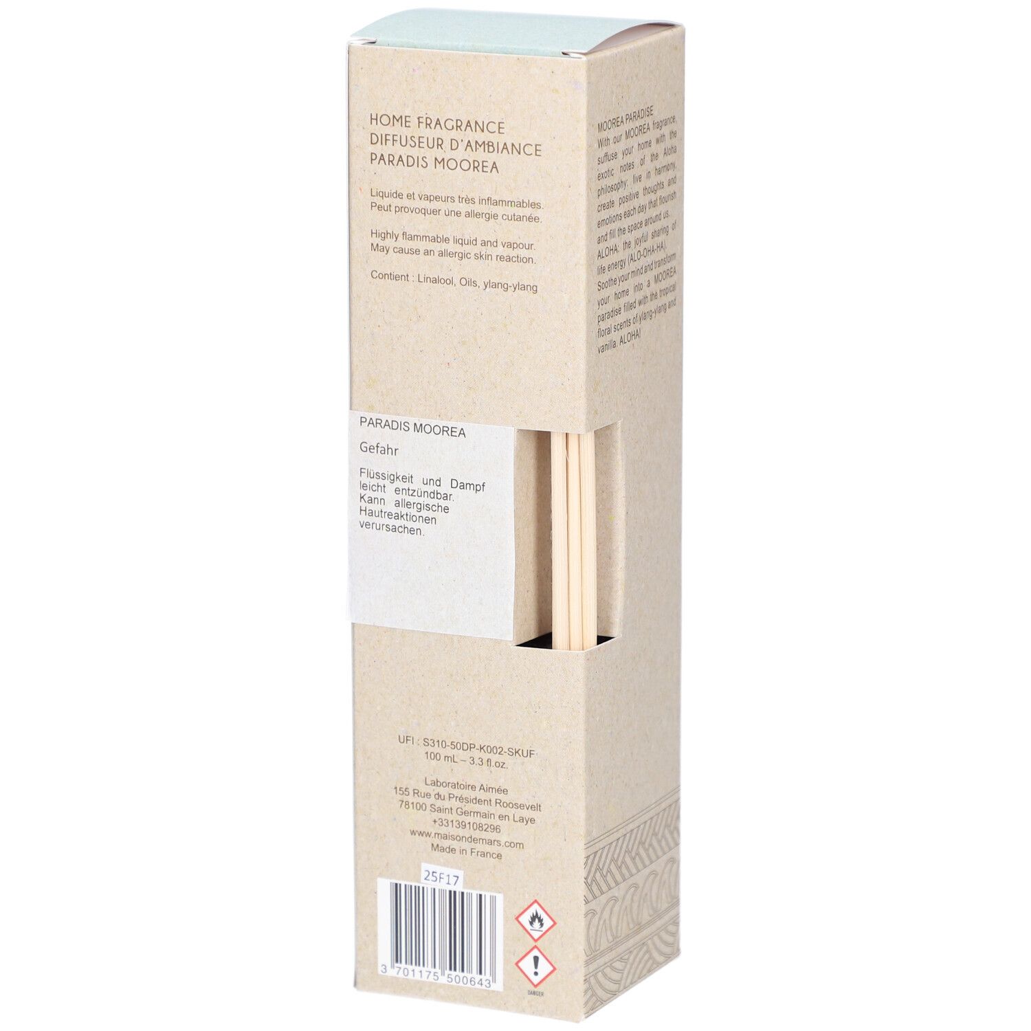 Rückseite der Produktverpackung mit Text und Warnhinweisen. Enthält Holzstäbchen. Beige und hellblaue Farbtöne.