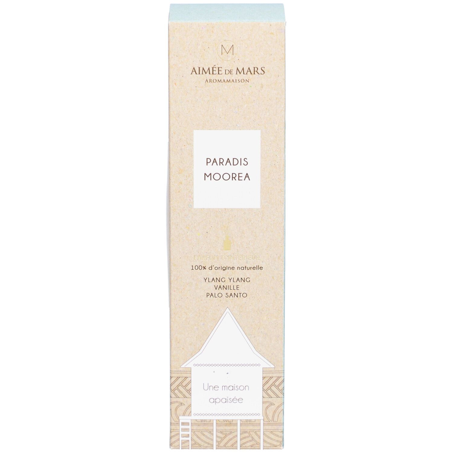 Produktverpackung mit Produktnamen "Paradis Moorea" und Markenlogo. Beige und hellblaue Farbtöne. Enthält Text.