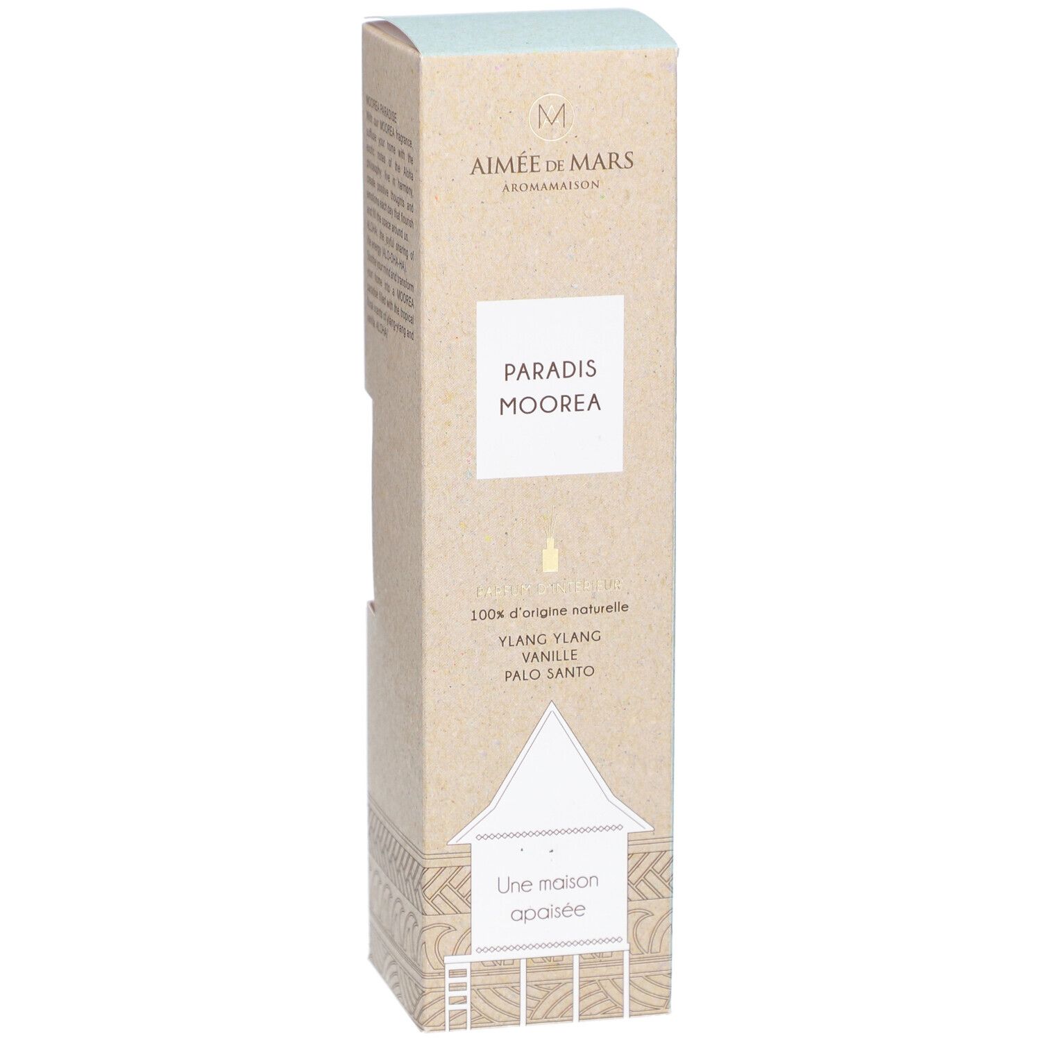 Produktverpackung mit Produktnamen "Paradis Moorea" und Markenlogo. Beige und hellblaue Farbtöne. Enthält Text.